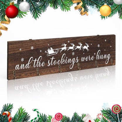 KORMMCO Christmas Stocking Holder, The Stocking were Hung Wood Hanging Sign, Stocking Holder for Wall, Xmas Stocking Holder with 6 Hangers for Fireplace Mantel, 24 inch,Brown,