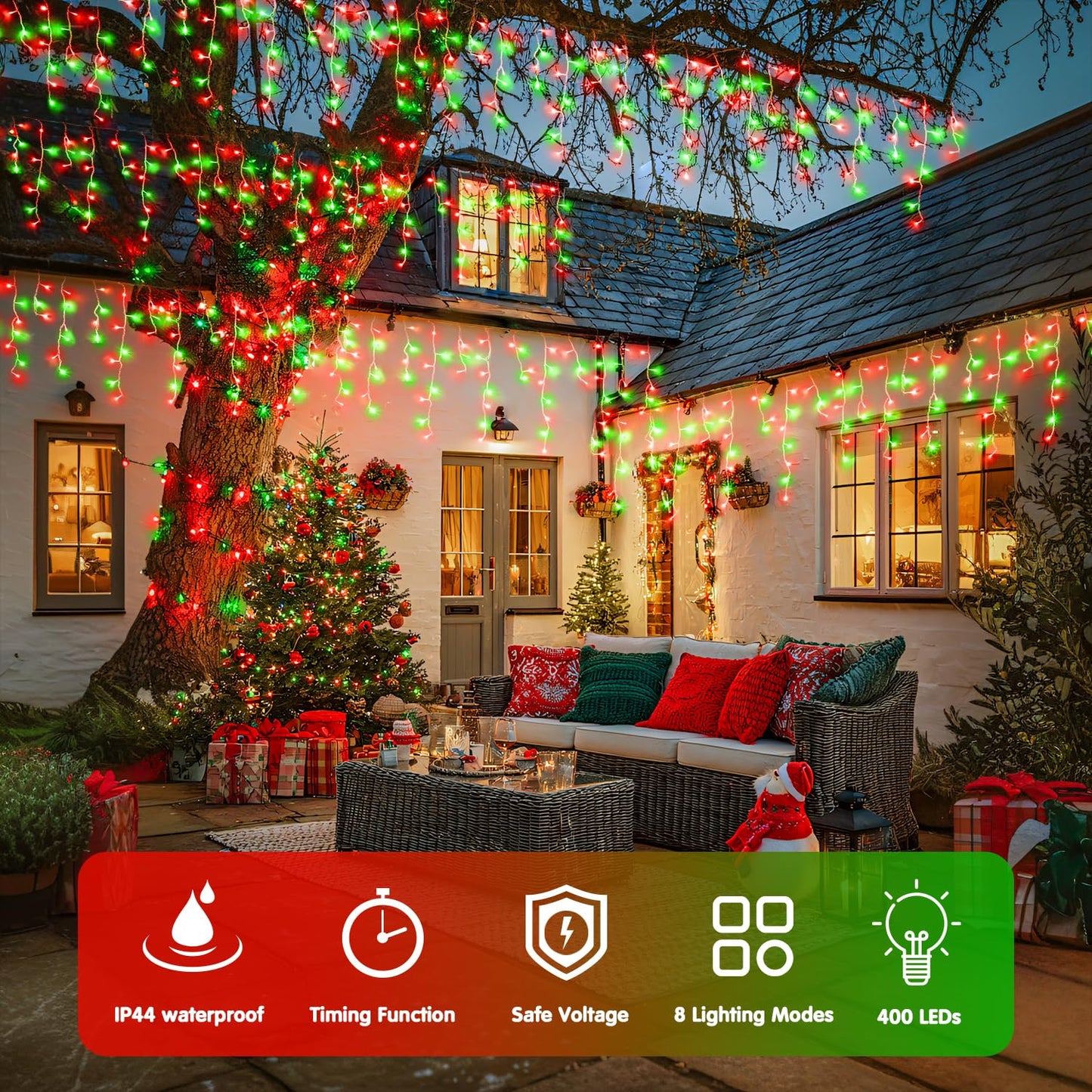 JMEXSUSS 400 LED Red and Green Icicle Lights Outdoor, 38.8ft Christmas Icicle Lights Plug in, Hanging Outdoor Indoor for Christmas House Party Holiday Decorations