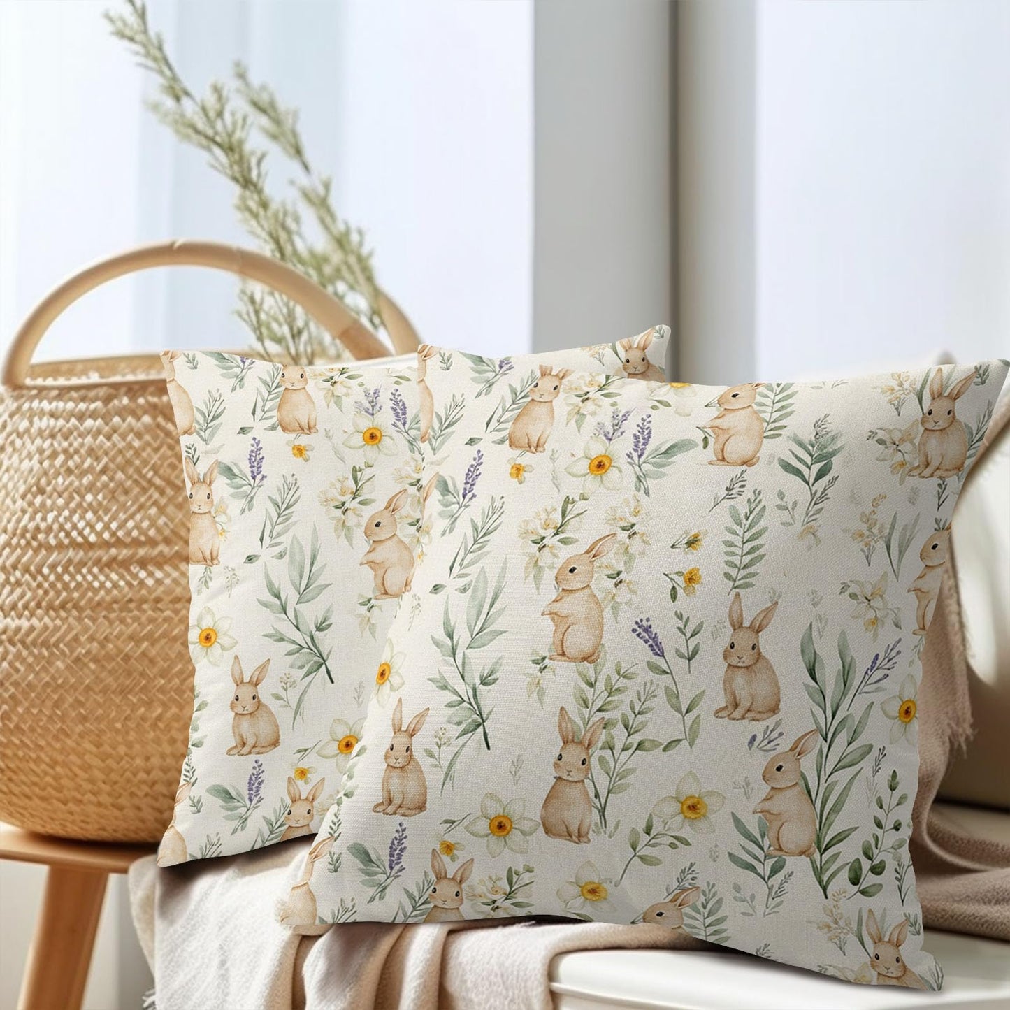 Kawani Easter Spring Pillow Covers 18X18 Inch Bunny Floral Botanical Green Leaf Rabbit Decorative Pillow Cases Set of 2 Holiday Farmhouse Throw Pillows for Sofa Couch Outdoor