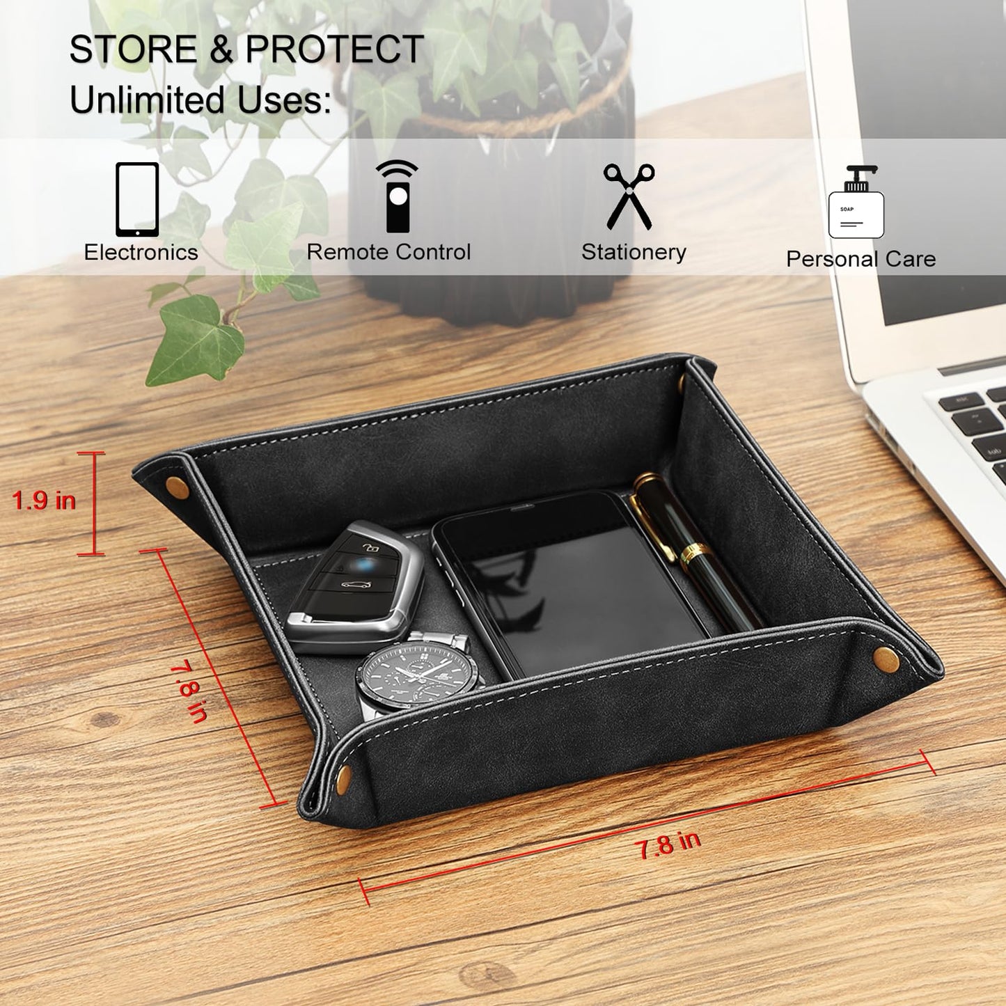 SITHON Valet Tray Desktop Storage Organizer – Premium PU Leather Catchall Bedside Vanity Tray Nightstand Caddy Holder for Keys, Phone, Wallet, Coin, Jewelry, Valentine's Day Gift, Black