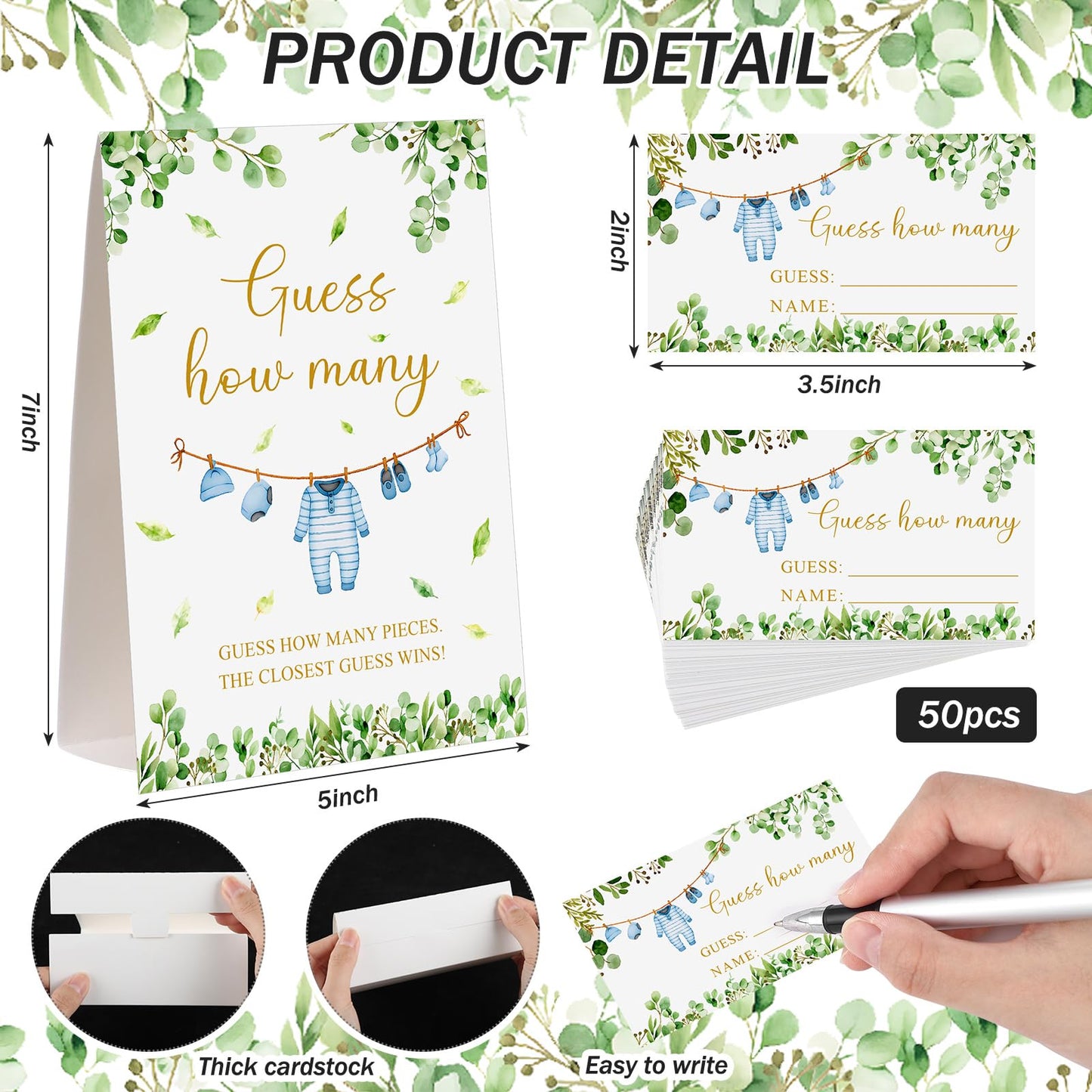 Lerheedi Blue Clothes Guess How Many Baby Shower Game Pack of 1 Tabletop Sign with Stand and 50 How Many Cards, Eucalyptus Gender Reveal Party Game Decorations
