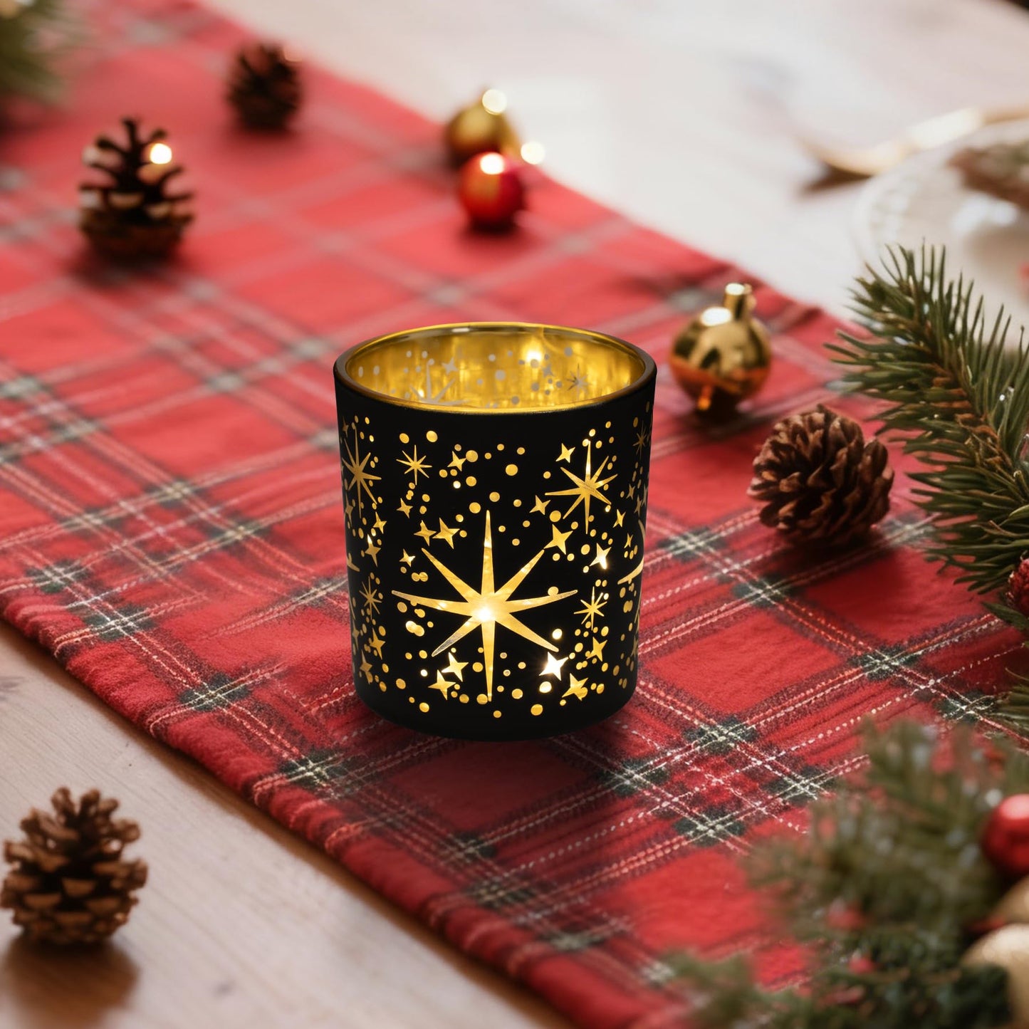 Toptime Votive Candle Holders Black and Gold, Glass Tealight Candle Holder Set of 3 with Stars Pattern, Vintage Tea Light Holders for Christmas Table Centerpiece Birthday Party Vanlentine's Day