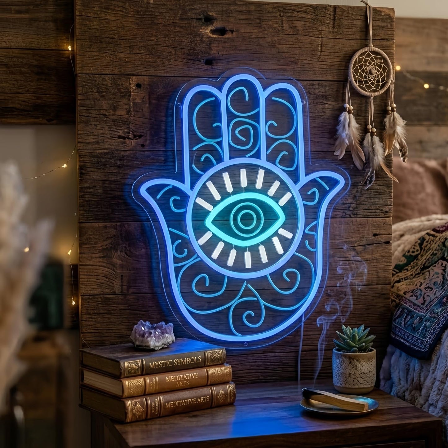 Hamsa Hand Neon Sign, Blue Hamsa Evil Eye Neon Sign for Protection & Decor, LED Wall Hanging Light for Bedroom, Meditation Space, Living Room, Boho Aesthetic Home Décor, USB Powered Hamsa Neon Wall Art