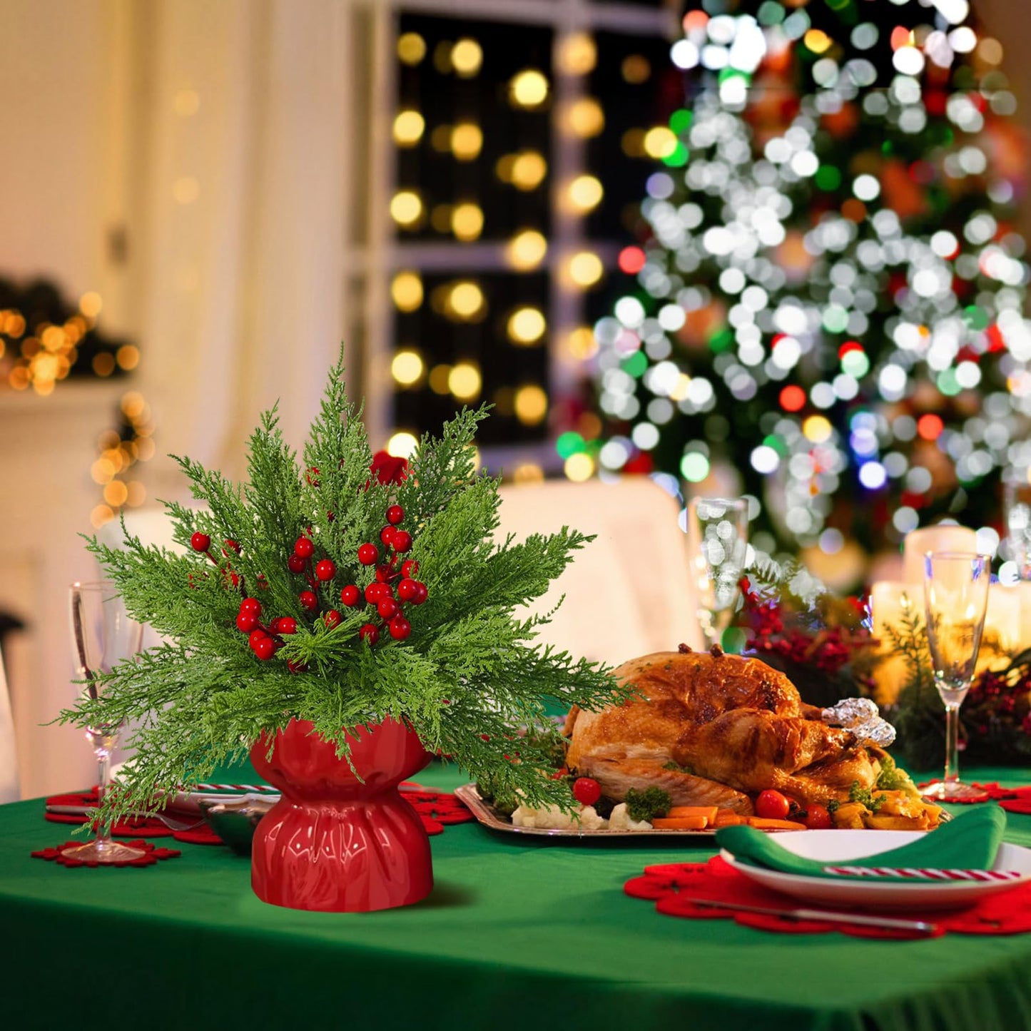 Norfolk Pine Stems 35Pcs & Red Berry Picks 10Pcs, Real Touch Artificial Christmas Greenery for DIY Tree Decor, Christmas Floral Arrangements, Wreaths, Centerpieces - Christmas Flowers Fake Bouquet