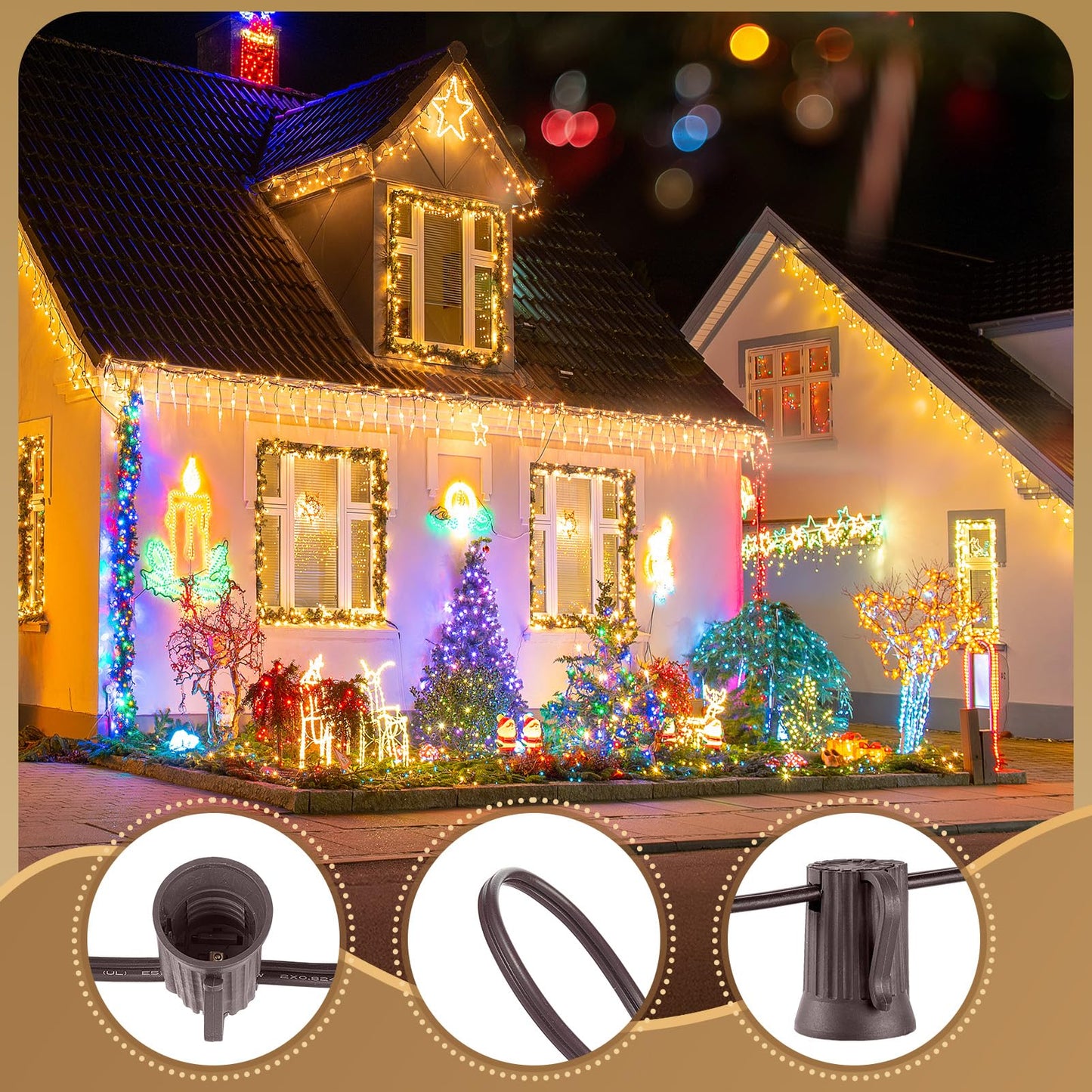 C9 Light Strand, 100 FT Outdoor String Lights Christmas Stringer with 100 Sockets for Christmas Decor Patio, E17 Light Socket, 12 Spacing, Brown Wire