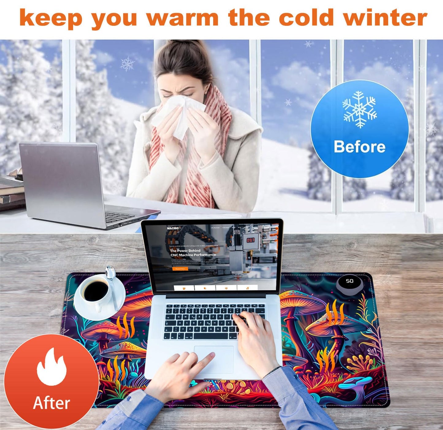 Heated Mouse Pad for Desk 31.5" x 13" – PU Leather Warm Desk Pad with 3 Heat Levels (104°F/113°F/122°F), Plug-in Electric Heating Mat with Auto Shut-Off, Waterproof & Rollable, Mushrooms