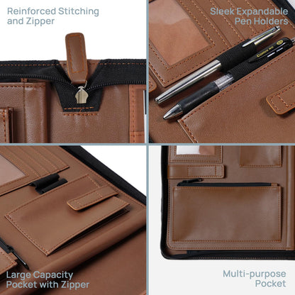POPRUN Professional Zippered Portfolio Binder - Leather Padfolio Organizer with Notepad, Tablet Sleeve & Handles for Business, Meetings, Interviews, and Daily Office Use, Brown