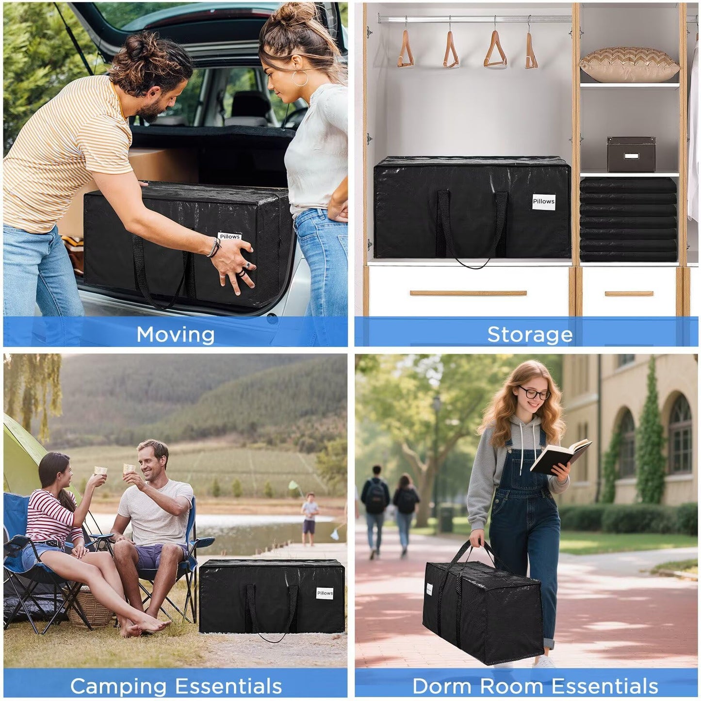BETU 8 Pack Moving Bags Moving Storage College Dorm Camping Packing Travel PE Heavy Duty, Sturdy Handle, Zipper Large Storage Tote Bag Moving Boxes Box Alternative - Black 29L x 14W x 13H