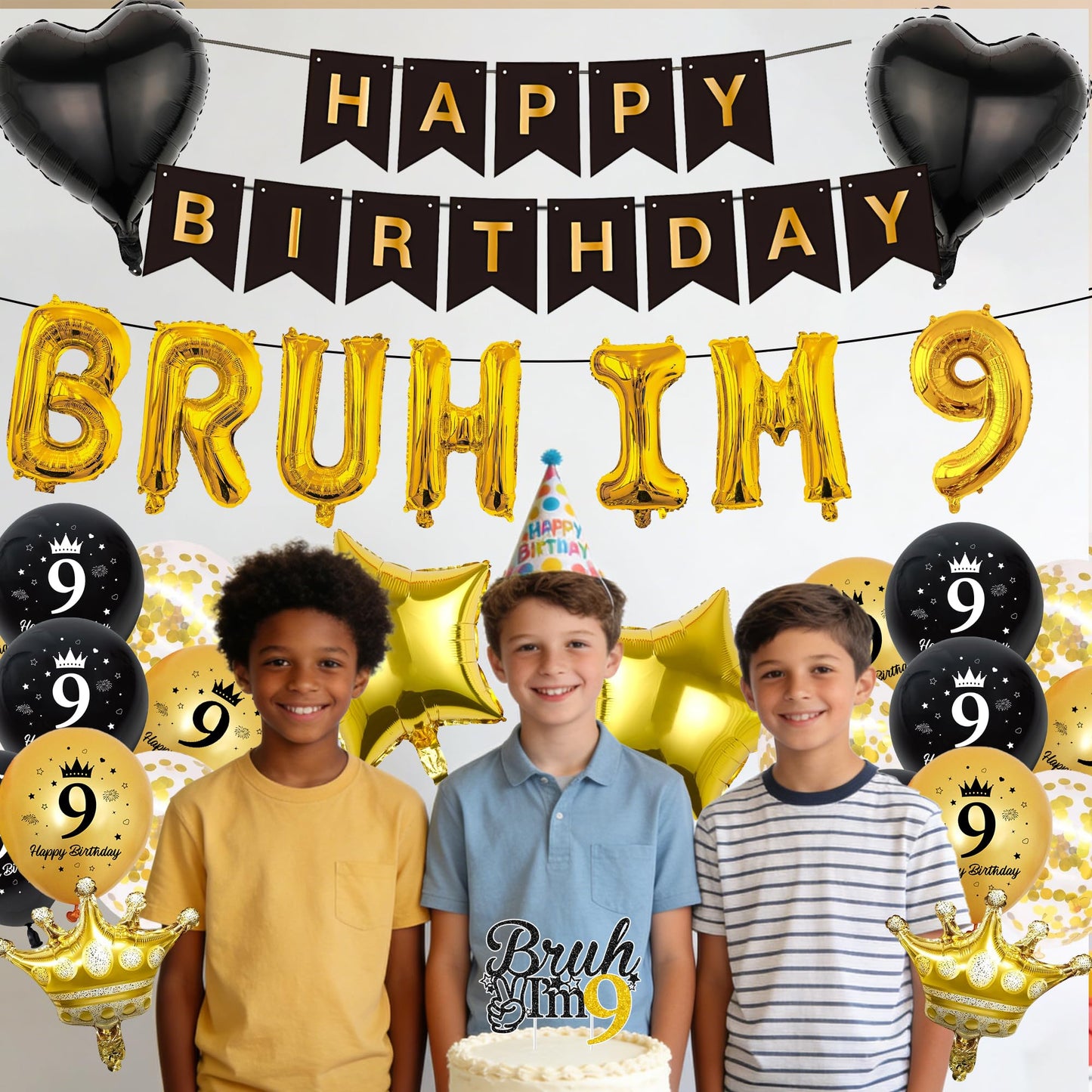 9th Birthday Decorations Balloons Boys - 33 Pcs Black Gold Happy Bday Banner Bruh Im 9 Letter Number Star Crown Foil Balloon Cake Topper Centerpieces Party Supplies for Nine Year Old Backdrop Decor
