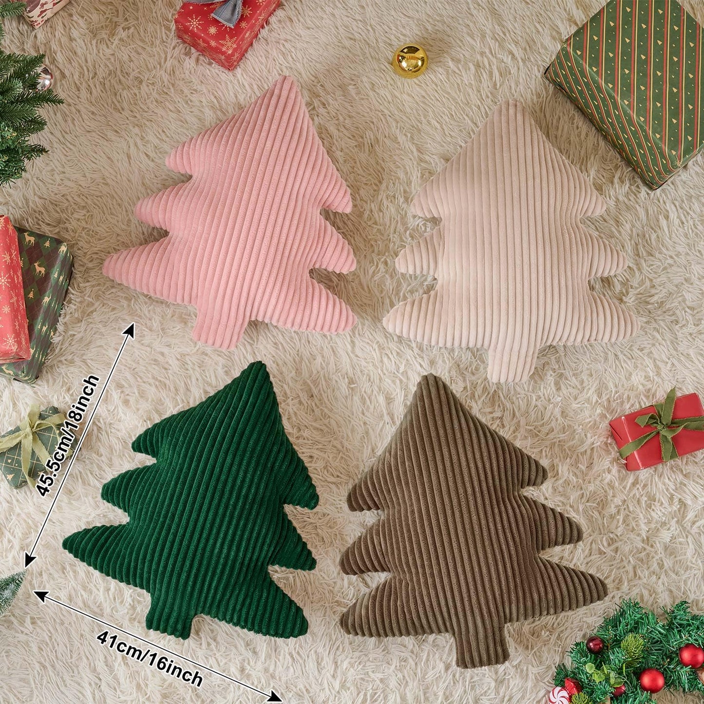 Lanpn Christmas Tree Pillows Set of 2, Christmas Decoration Narrow Stripes Winter Throw Pillow Soft Cute 3D Shaped Xmas Tree Throw Cushion for Sofa Bedroom Xmas Decor (18x16 inch, Pink)