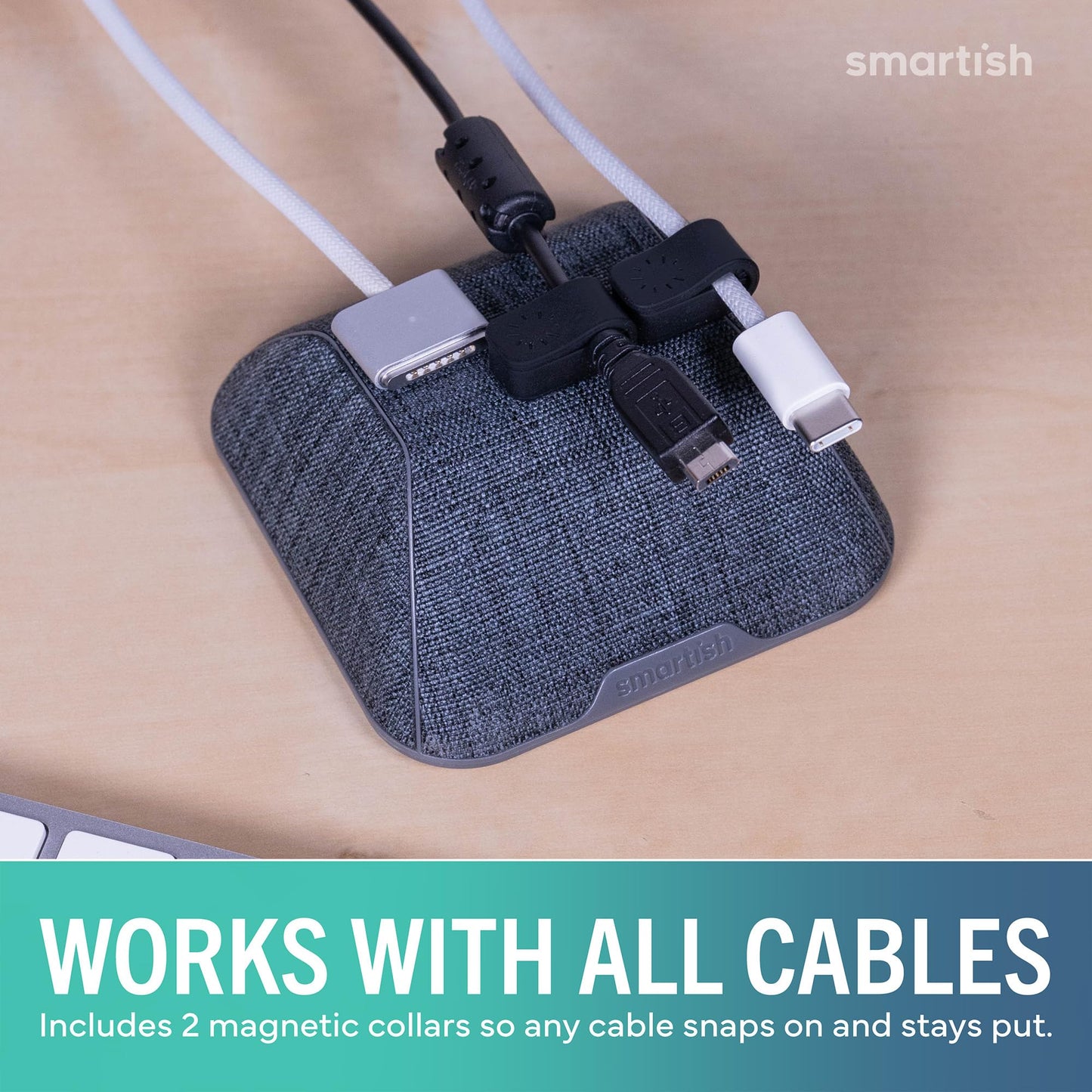 Smartish® Magnetic Cord Holder - Cable Wrangler Organizer with Magnet Clips for Charger Management on Desktop, Nightstand for USB-C + Lightning - No 2 Pencil Gray