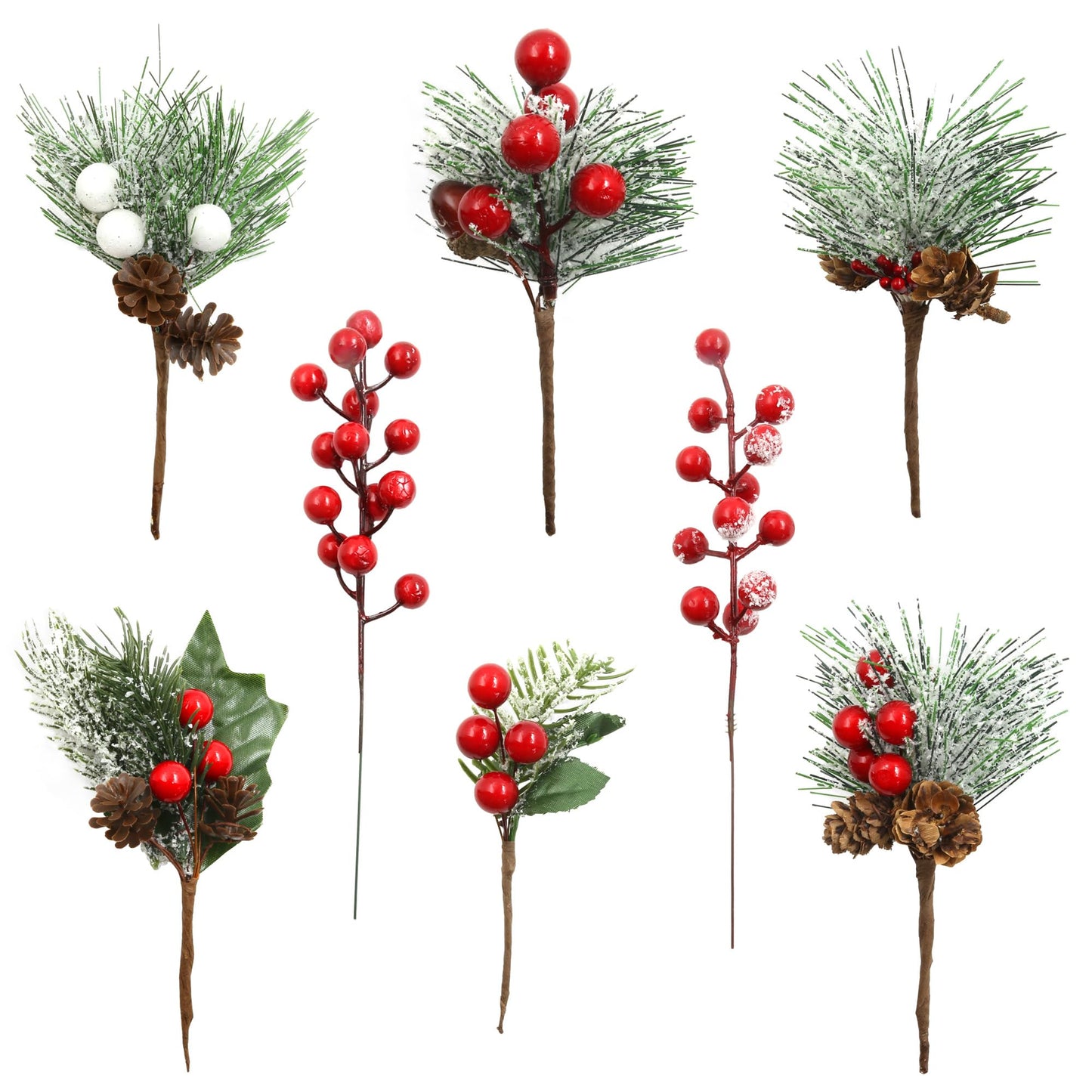 8 Pcs Christmas Floral Picks Artificial Red Berry Stems Pine Needles Branches Pine Cones Acorn Holly Stem Winter Floral Picks Snow Covered for Christmas Tree DIY Crafts Garland Wreath Gift Decoration