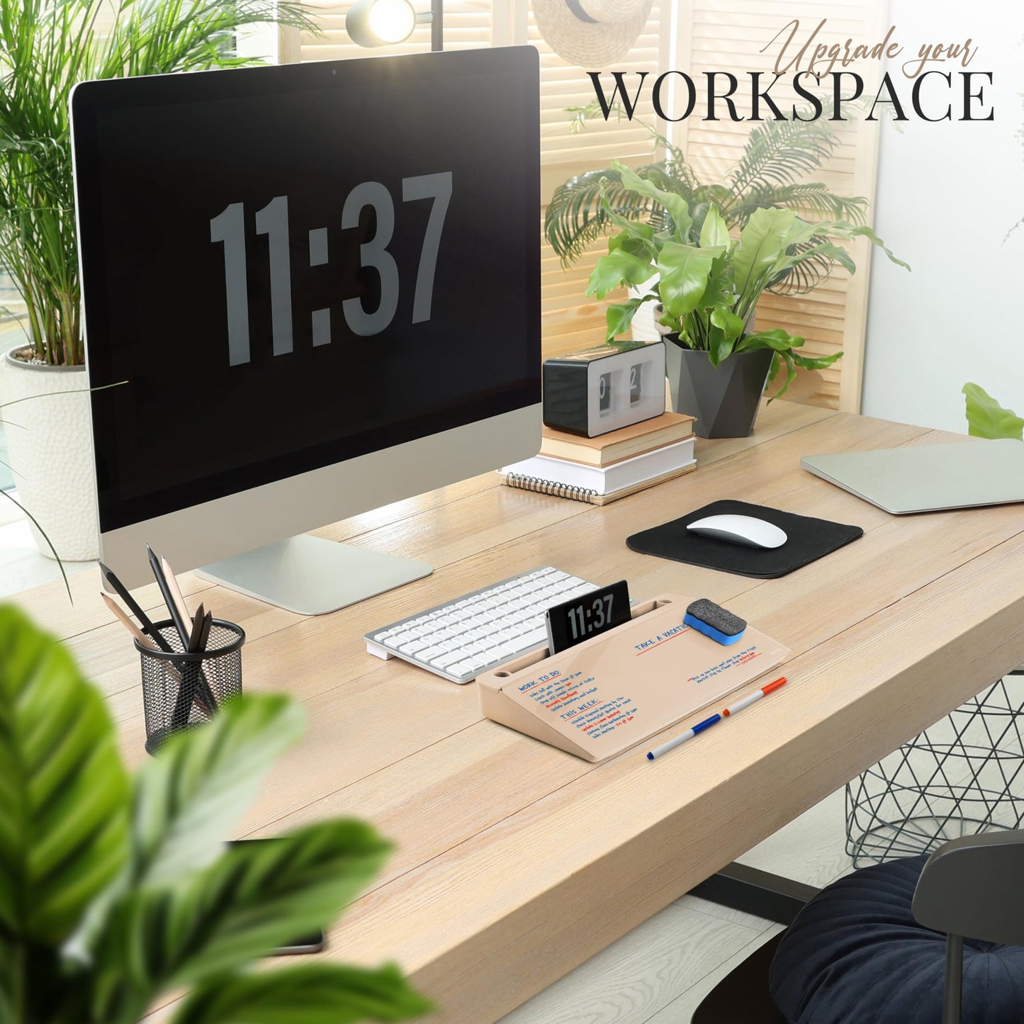Birch Small Desktop Whiteboard – Glass Dry Erase Board Desk Pad Keyboard Stand with Storage Compartment Adjustable Dividers 3 Markers, Eraser & Holder – Perfect for Office, Home, & School (Sand)