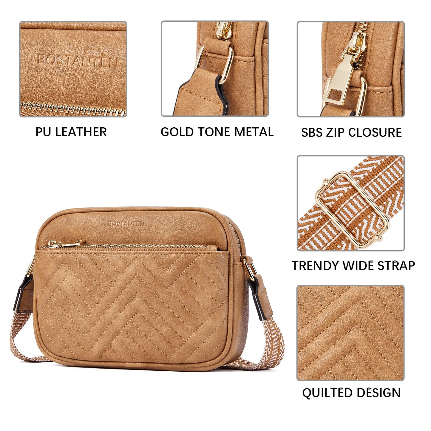 BOSTANTEN Quilted Crossbody Bags for Women Vegan Leather Purses Small Shoulder Handbags with Wide Strap Camel Brown