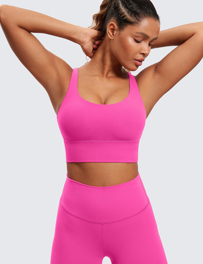 CRZ YOGA Naked Feeling Strappy Longline Sports Bras for Women - Medium Impact Criss Cross Yoga Padded Workout Crop Top Hibiscus Purple Medium