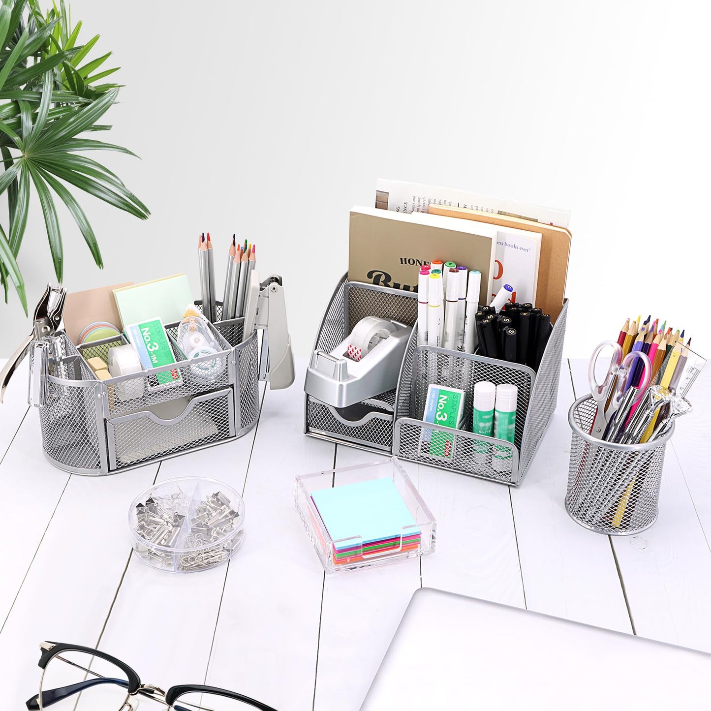 17 in1 Silvery Desk Organizers and Accessories Set, 3 Office Desk Supplies Storage Organization, 4 Pens, Stapler, Staples & Remover, Tape & Dispenser, Scissors, Ruler, Clips, Hole Punch Back to School