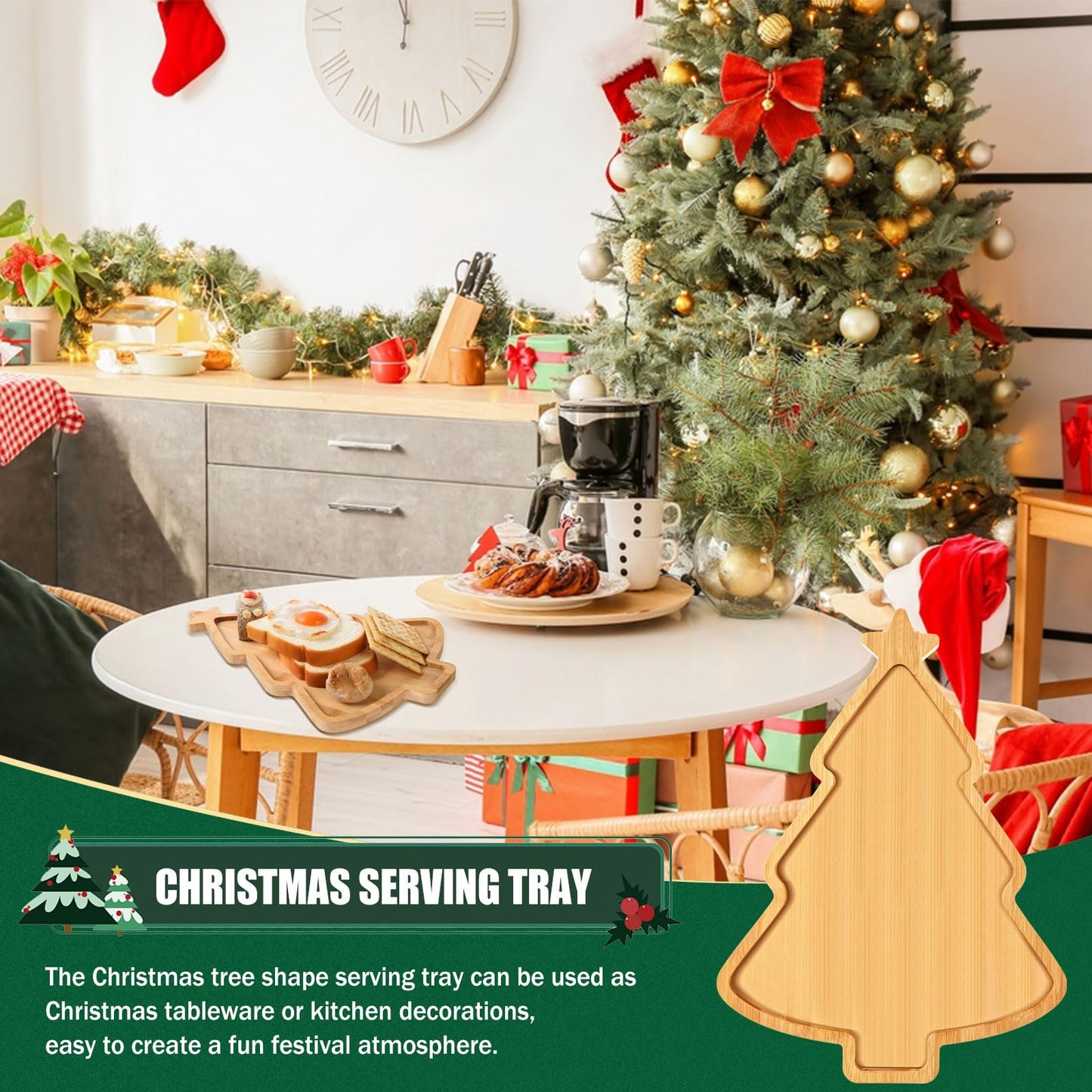 AWIZOM Christmas Tree Wooden Serving Tray Bamboo Platter Wooden Snack Cheese Charcuterie Board for Xmas Holiday Housewarming Present, 14.96x11.14x0.59