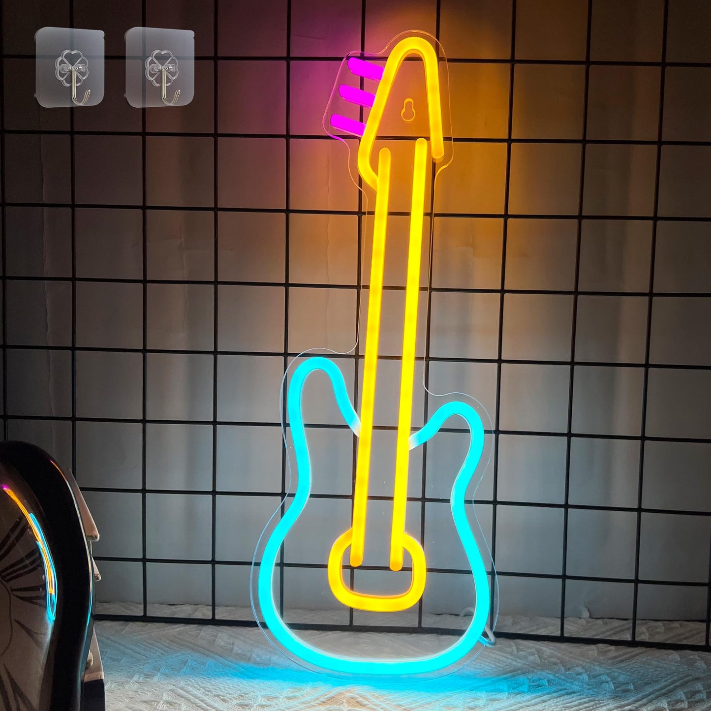 Attivolife Guitar Neon Sign, LED Acrylic Neon Lamp with USB for Music Lover, Bedroom Art Wall Music Studio Bar Decor, Best Birthday Christmas, Wedding, Party Gift, 16.83" * 6.31"(Pink+Yellow+Blue)
