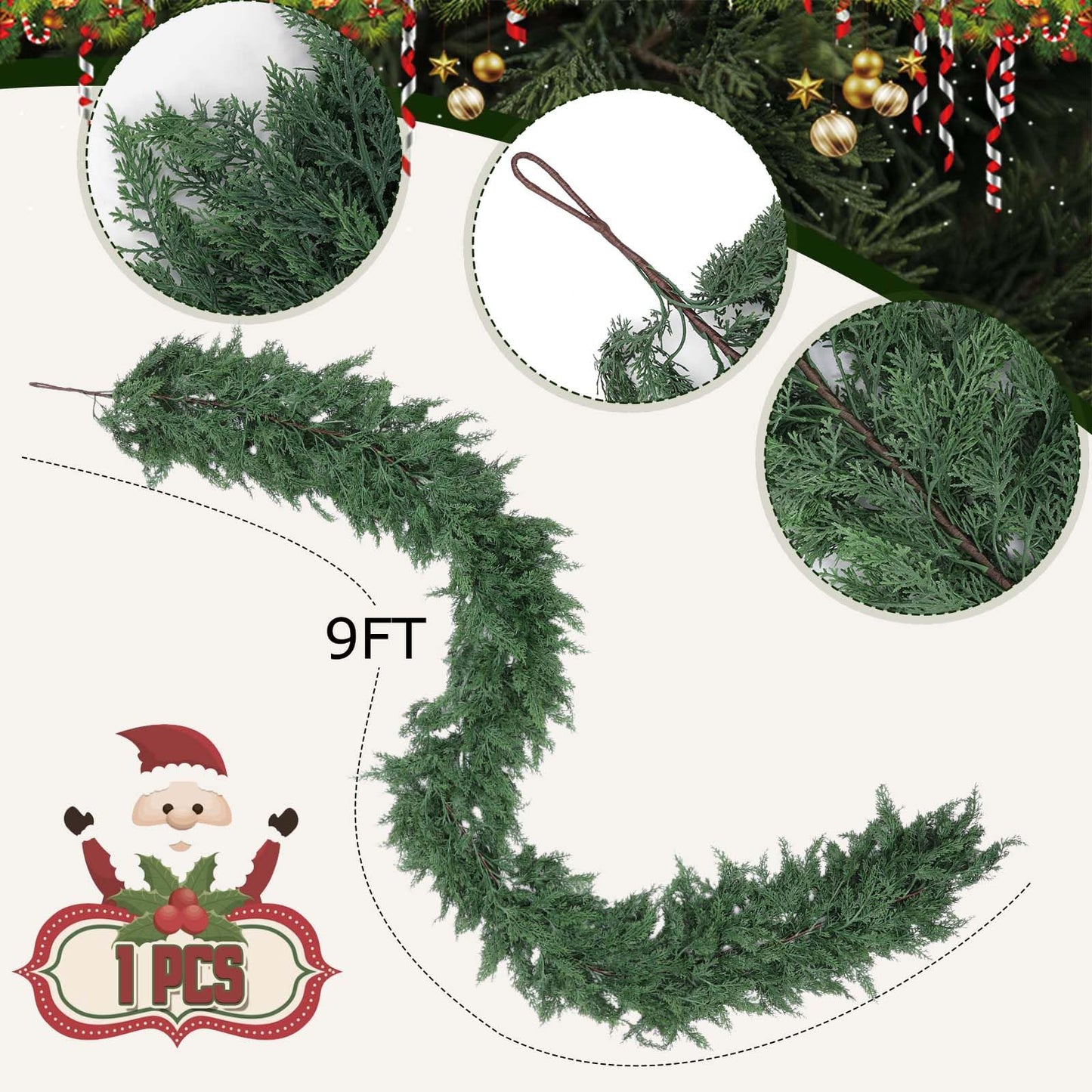 Hananona 9 FT Artificial Cedar Garlands, 1 Pcs Real Touch Winter Cedar Pine Garland, Green Artificial Greenery Garland for Table, Mantle, Wall, Indoor, Outdoor Christmas Decorations (1, Green, 9FT)