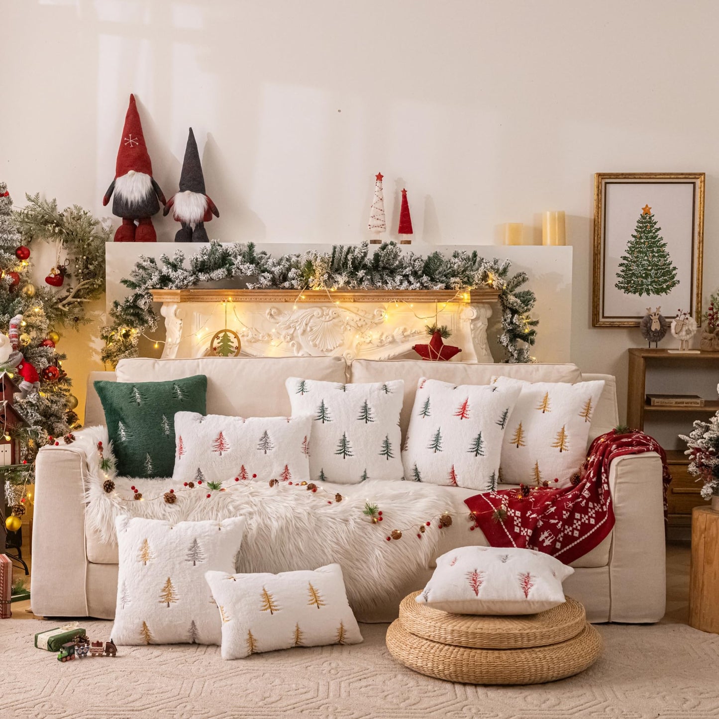 AQOTHES Christmas Tree Green Throw Pillow Covers 18x18, Soft Faux Fur Embroidered Throw Pillows for Couch Sofa Cushion Covers Holiday Home Decor