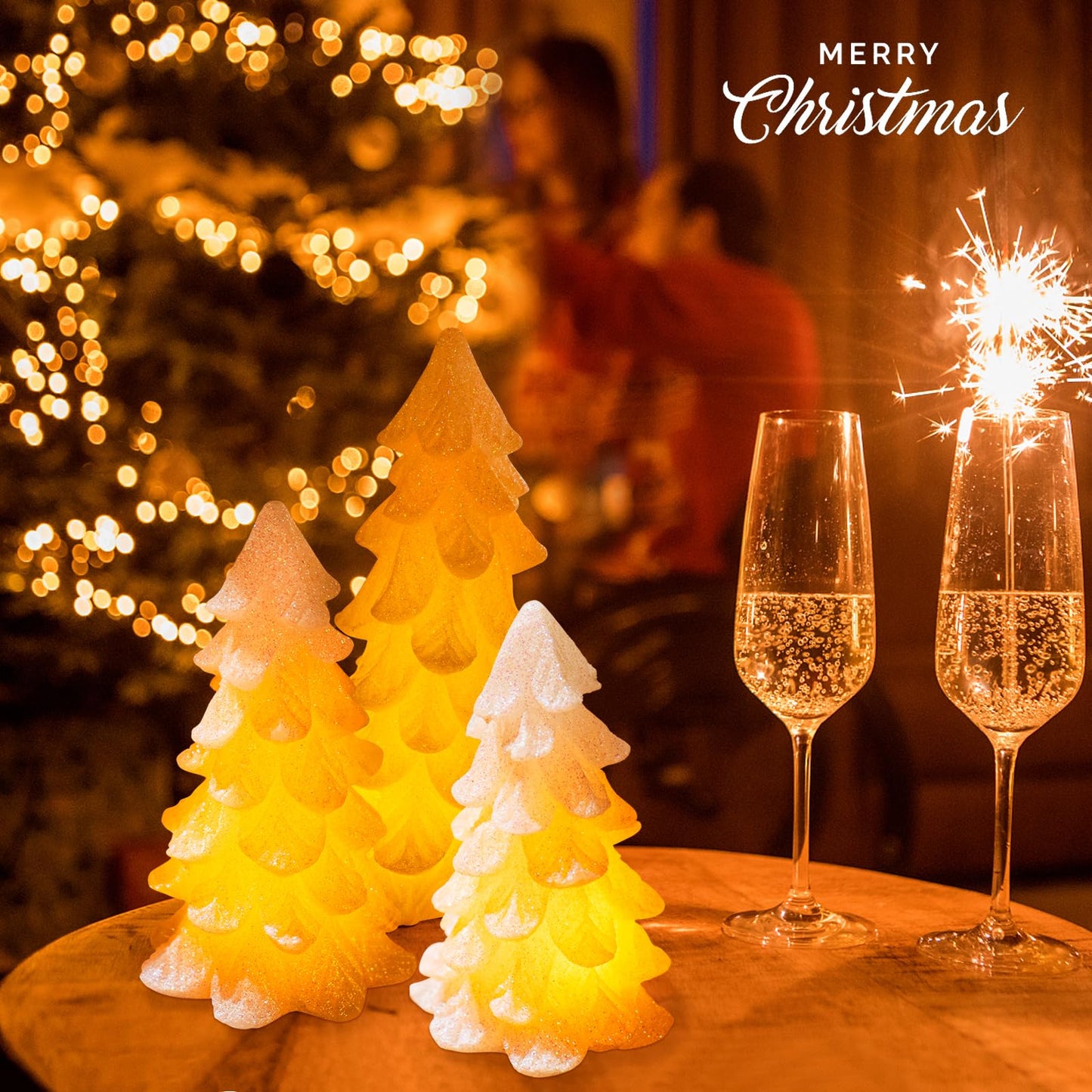 HN HAIINAA White Glittering Christmas Tree Shaped Flameless Candles with Timer, Real Wax Flickering Battery Operated LED Candles for Christmas Home Party Decoration Set of 3