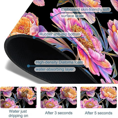 Colorful Peonies Sink Faucet Absorbing Mat Blooming Peonies Super Absorbent