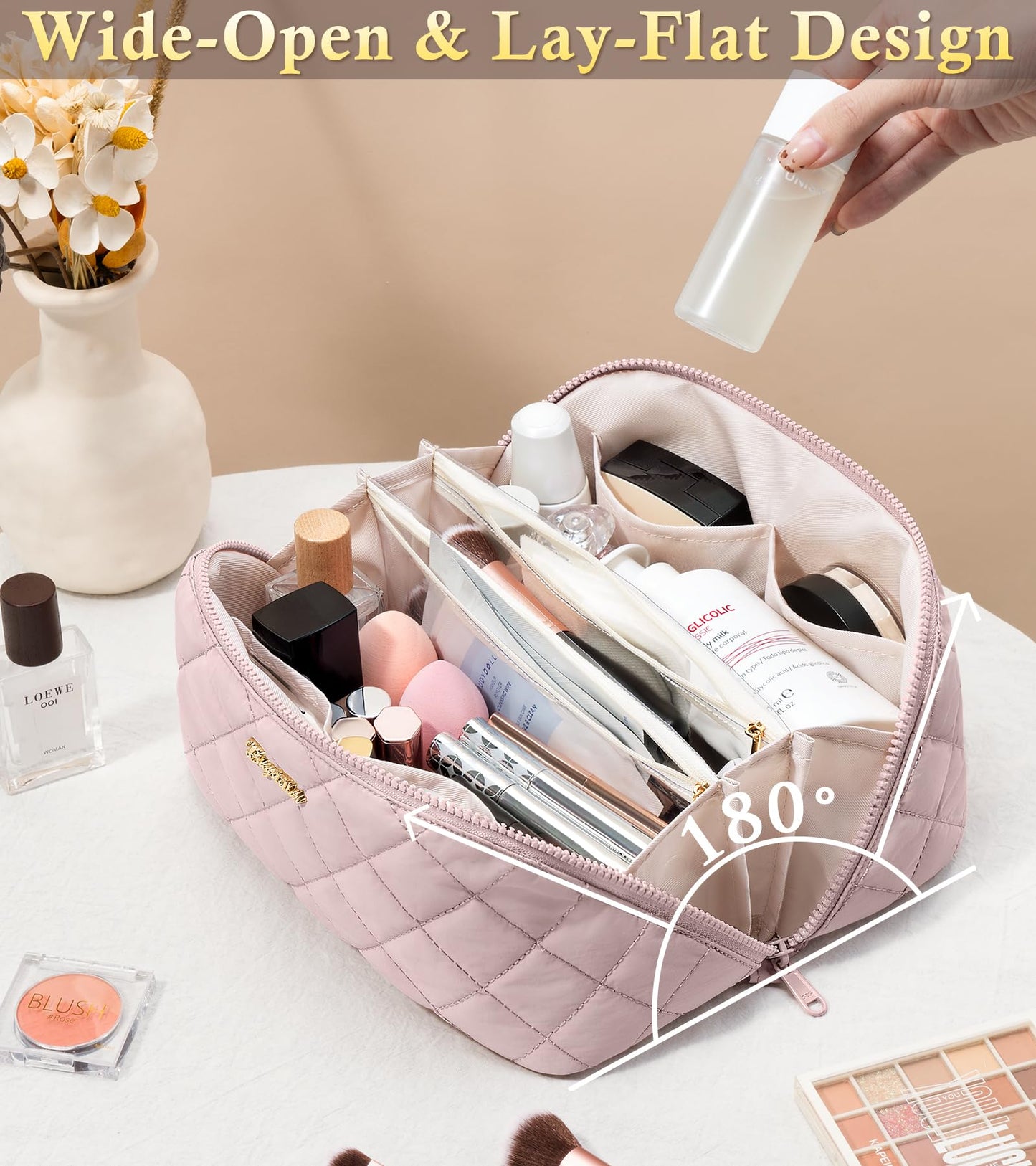 Travel Makeup Bag, 3 Pcs Large Capacity Puffy Toiletry Bag for Women, Open Flat Make up Cosmetic Organizer w/Handle & Clear Divider Water-resistant Portable Pouch Travel Essentials, L-Light Pink