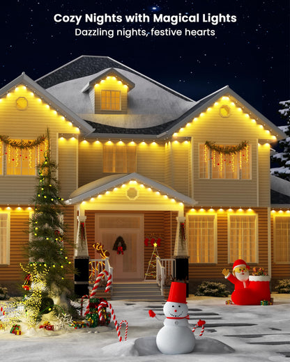 Gefolly Permanent Outdoor Lights Pro, 100ft with 60 RGBW Double-LED Lights 111 Scene Modes for Daily, Halloween, Christmas, IP67 Waterproof for Outdoor Decor, Works with Alexa, Google Assistant, White