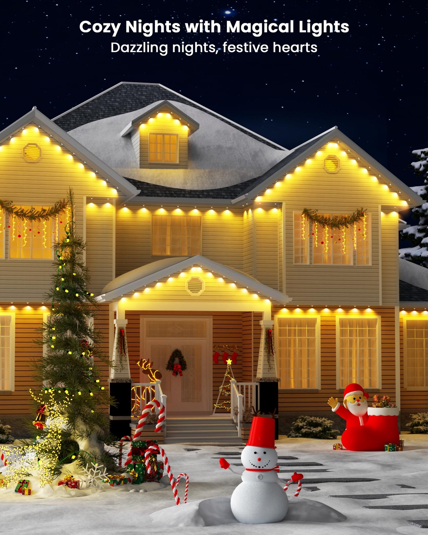 Gefolly Permanent Outdoor Lights Pro, 150ft with 90 RGBW Double-LED Lights 111 Scene Modes for Daily, Halloween, Christmas, IP67 Waterproof for Outdoor Decor, Works with Alexa, Google Assistant, White