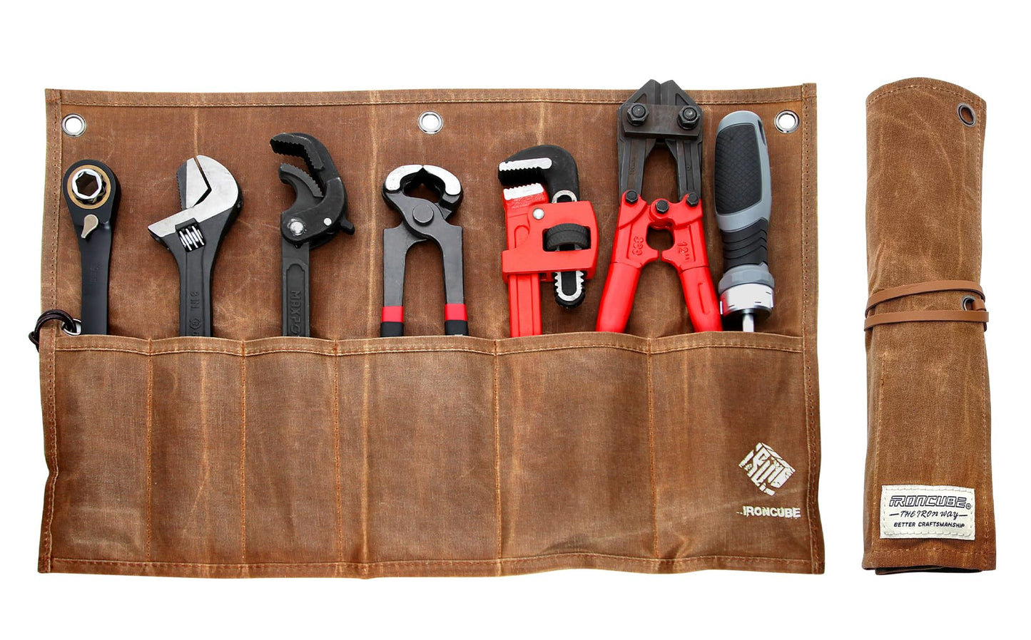IRONCUBE Tool Organizer Bag, 6 Pockets Wax Canvas Weatherproof Roll-Up Pouch for Hand Tools