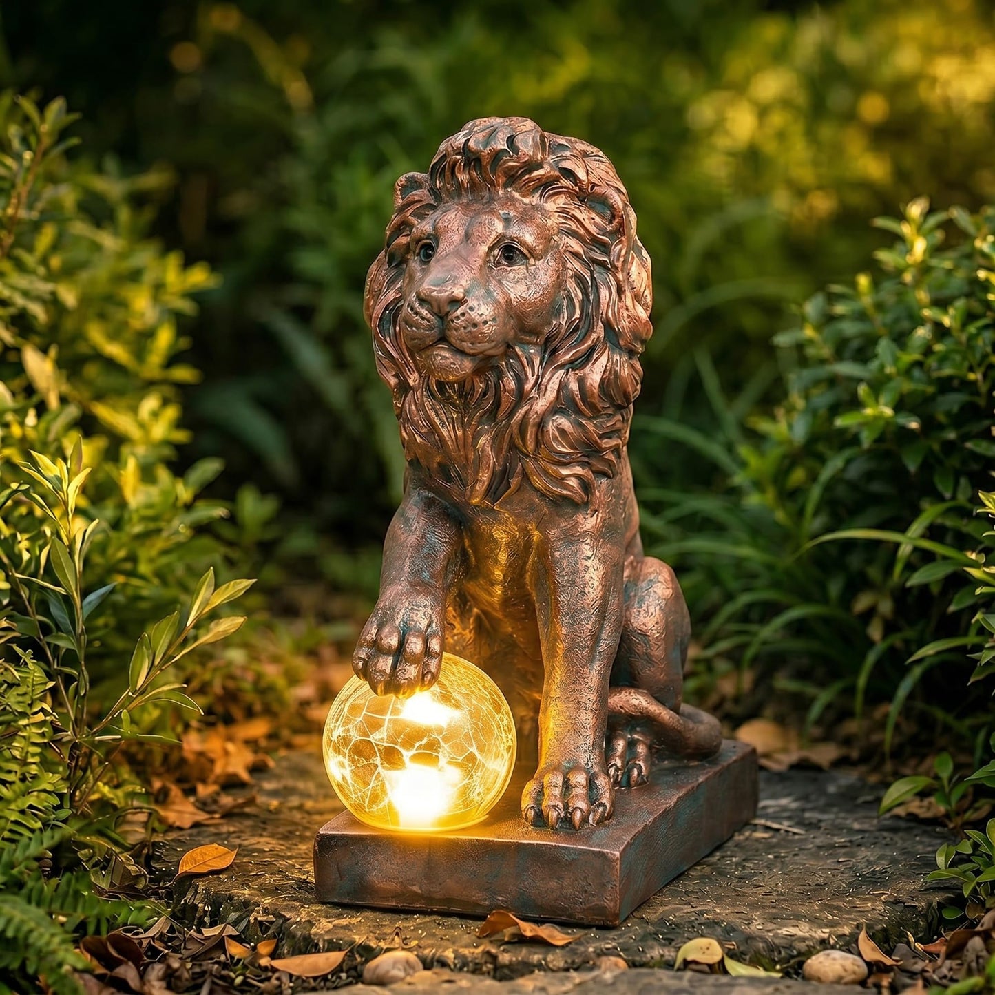 Nacome Guardian Lion Garden Decor: Outdoor Decoration Statue with Ball Lights for Yard Art Porch Patio Balcony - Unique Birthday Choice for Women Mom Lover - 9.45in (Copper)