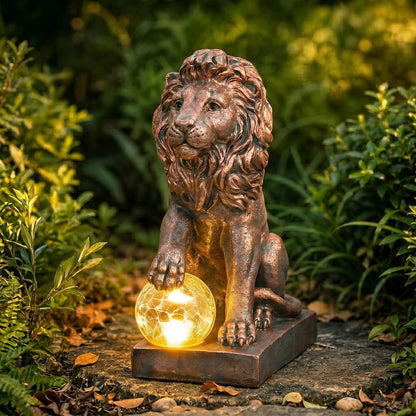 Nacome Guardian Lion Garden Decor: Outdoor Decoration Statue with Ball Lights for Yard Art Porch Patio Balcony - Unique Birthday Choice for Women Mom Lover - 9.45in (Copper)
