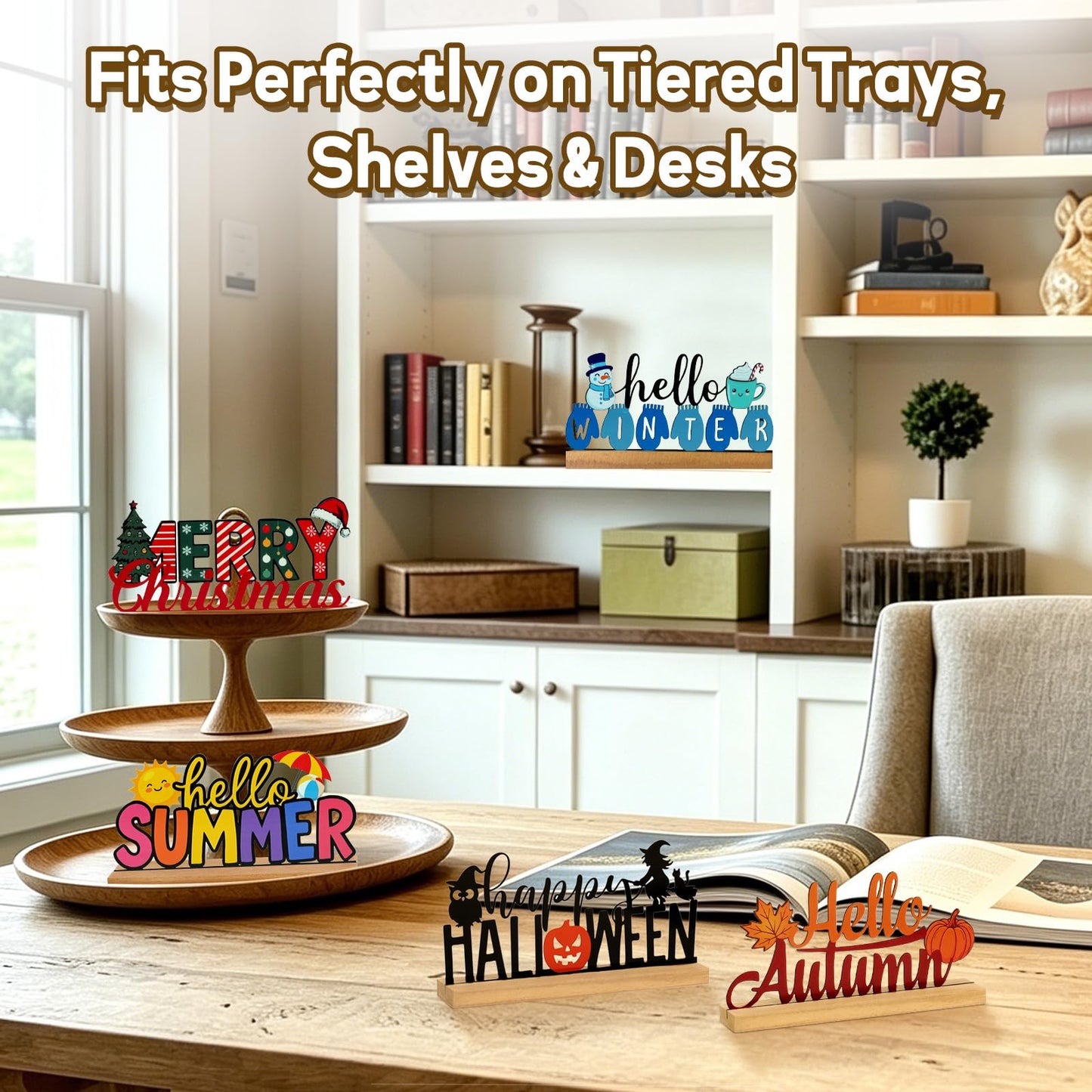 Interchangeable Seasonal Decor Table Sign Set with Wooden Base, 8PCS Holiday & Seasonal Signs for Home Decor, Farmhouse Tiered Tray Decor for Spring Summer Autumn Winter Christmas Halloween