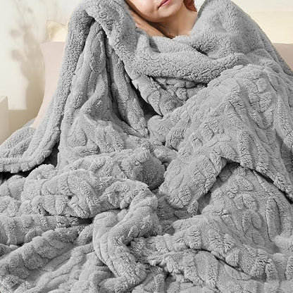 PHF Fluffy Sherpa Blanket Twin Size for Winter, Warm and Soft, 510GSM 3D Jacquard Thick Shaggy Fleece Plush Blanket for Sofa Bed, Grey, 60"x80"