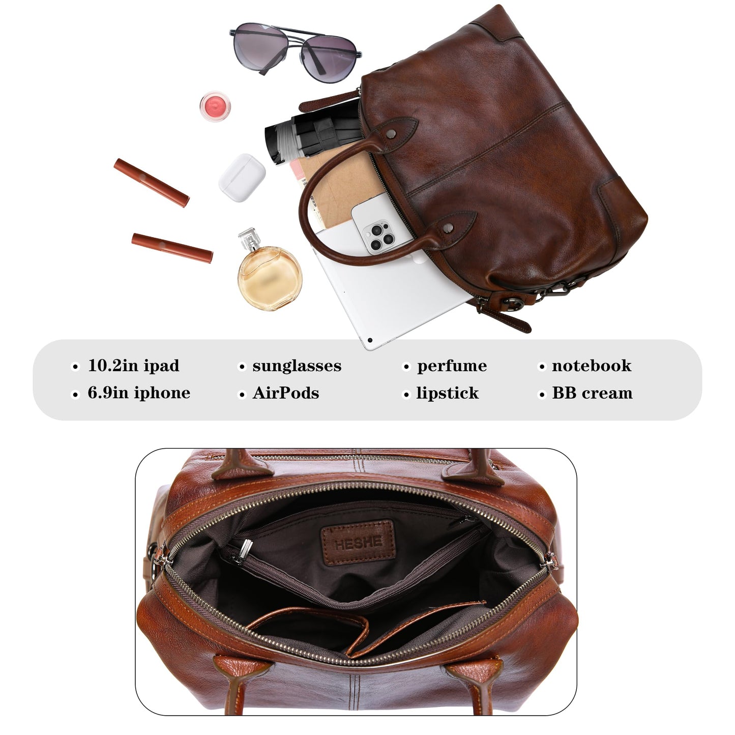 HESHE Genuine Leather Satchel Tote Bag for Women Leather Purse Large Capacity Top Handle Handbag Designer Shoulder Bags Vintage Cross Body Doctor Bag (Coffee)