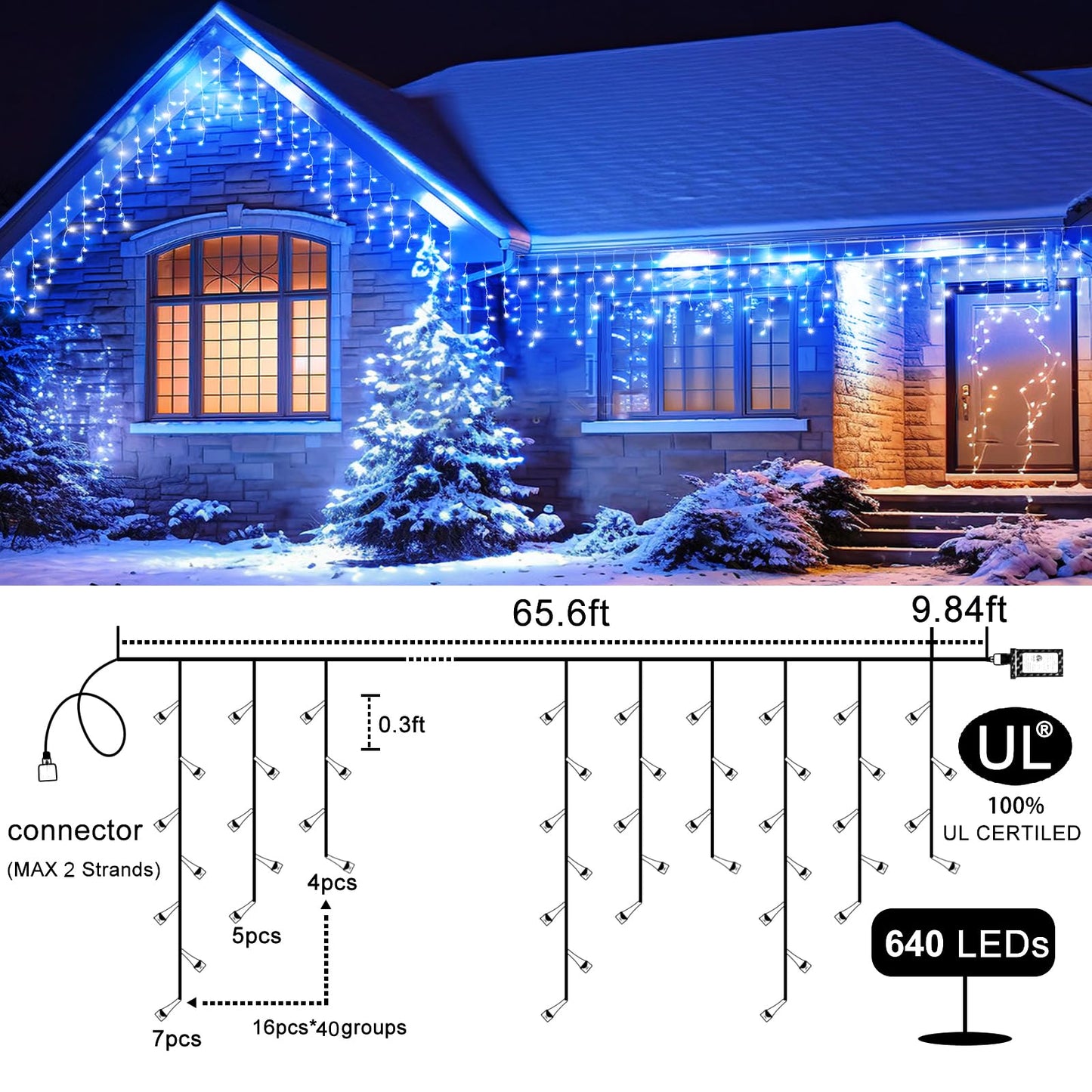 Icicle Christmas Lights Outdoor, 66ft 640 LED Blue and White Christmas Lights 8 Modes with 120 Drops, Waterproof Icicle Light Plug in for Indoor Outside Party Holiday Xmas Halloween Decorations