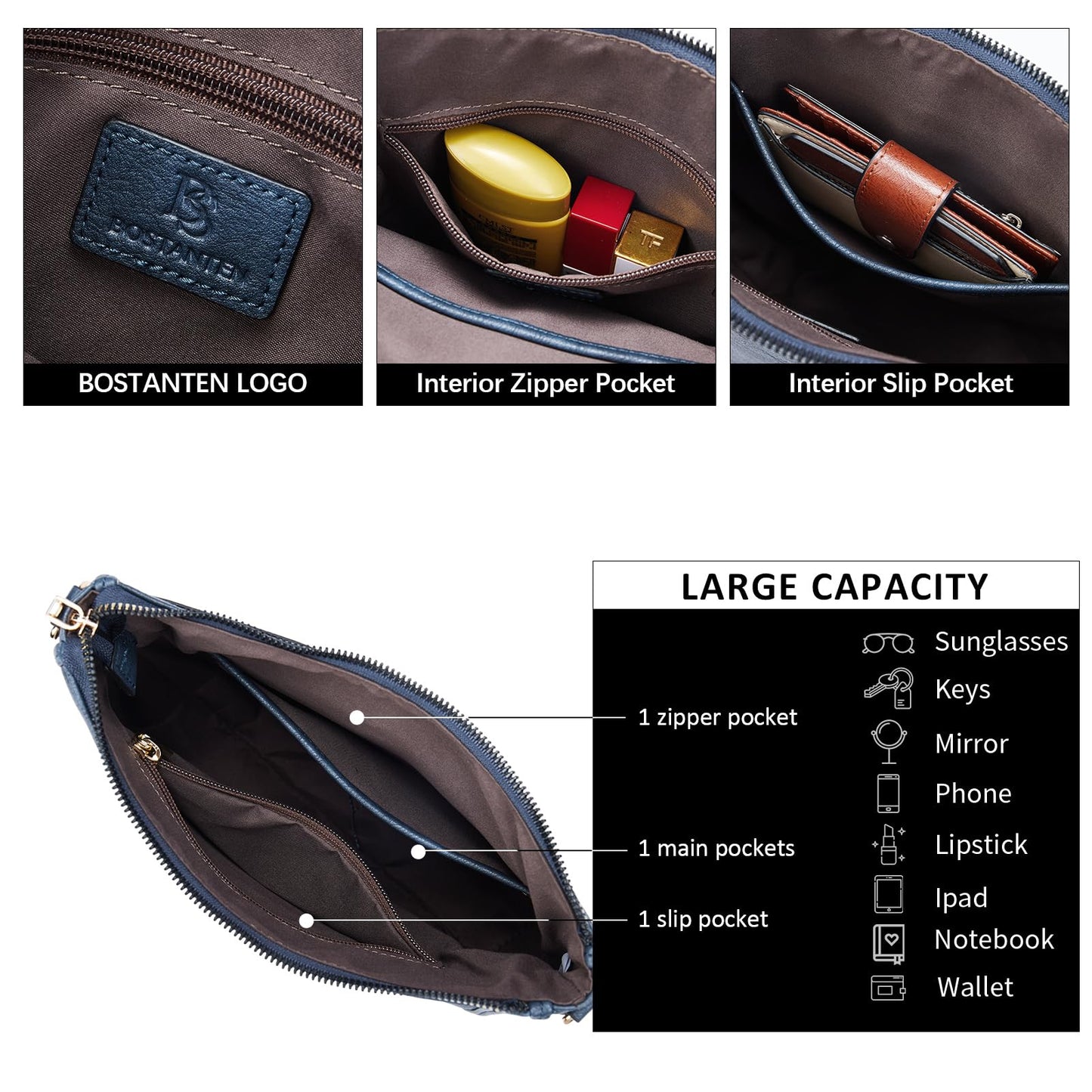 BOSTANTEN Crossbody Bags for Women Trendy Vegan Leather Hobo Purses Shoulder Handbags With Wide Shoulder Strap Navy Blue