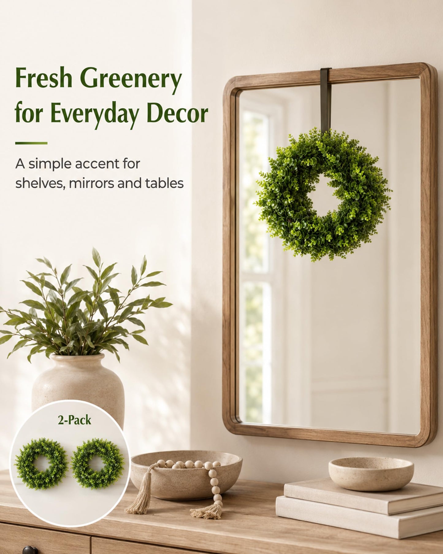 Plamyi 12" Mini Boxwood Wreaths 2-Pack - Faux Greenery for Decorating