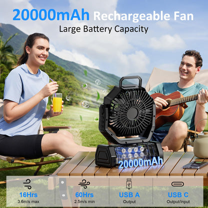 Portable Fan Rechargeable, 20000mAh Cordless Battery Powered Camping Fan with LED Light & Remote, 4 Speeds Wind, Timer, USB C, 360° Hanging Hook, Oscillating Fans for Travel Tent, Camping Essentials