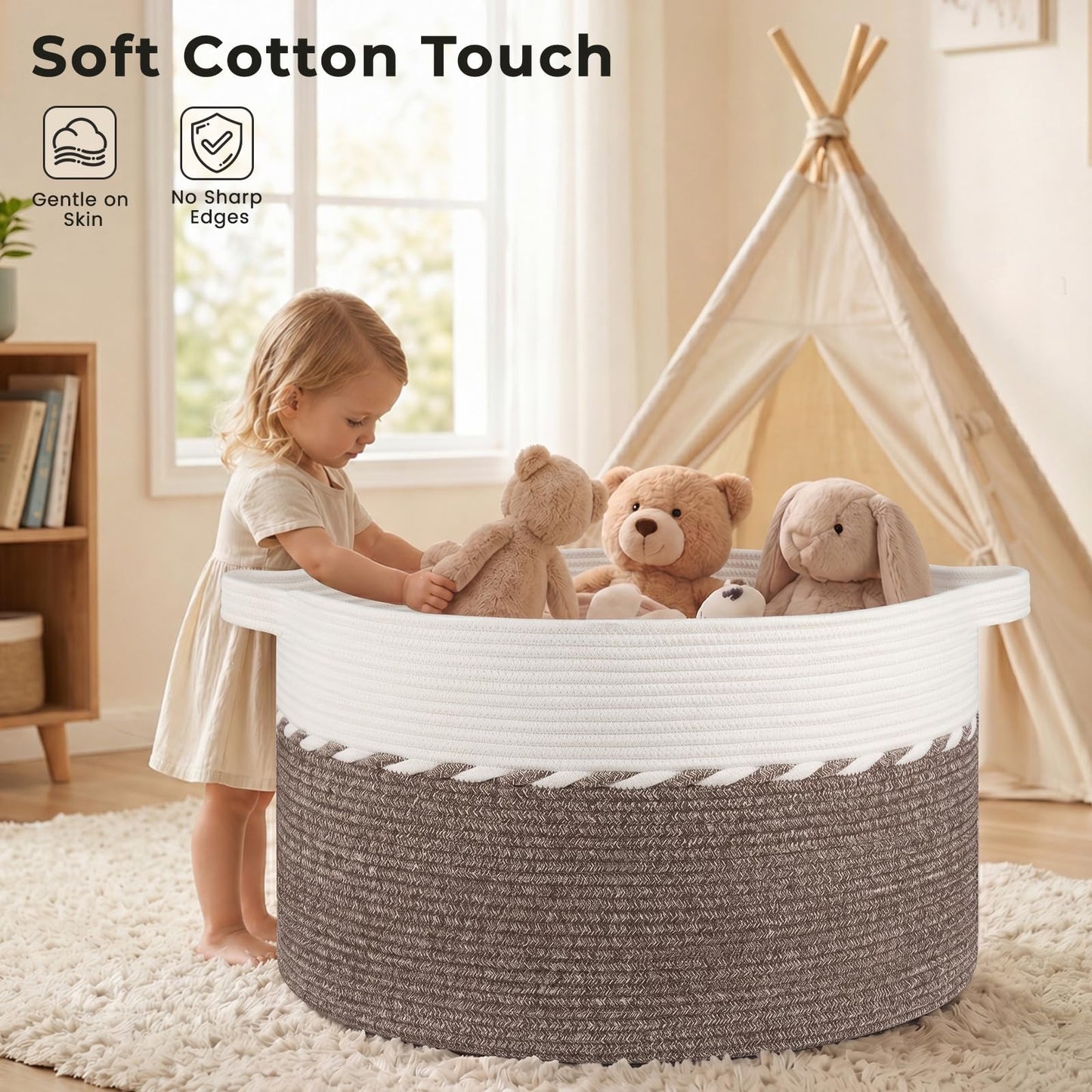 OIAHOMY 90L Extra Large Blanket Basket - Decorative Cotton Rope Storage Basket for Bedroom, Living Room & Nursery - Woven Laundry Hamper for Organizing Blankets, Clothes & Toys - Brown & White