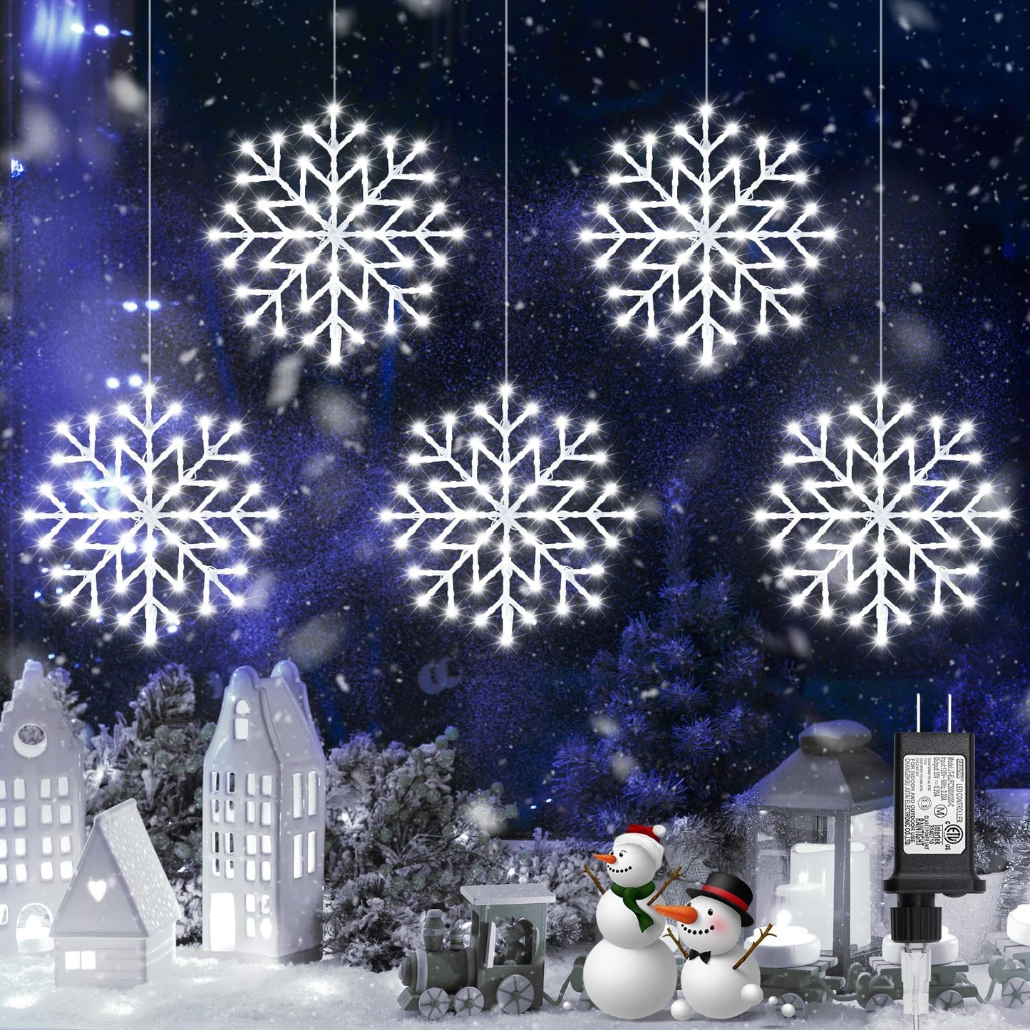 Brightown Christmas Snowflake Icicle Lights Outdoor - Plug-in 10.5ft 5 Drops 240LED Snowflake Window Light with 8 Modes, Hanging Lights for Indoor Outdoor Porch Eaves Rooftops Pergola Christmas Decor