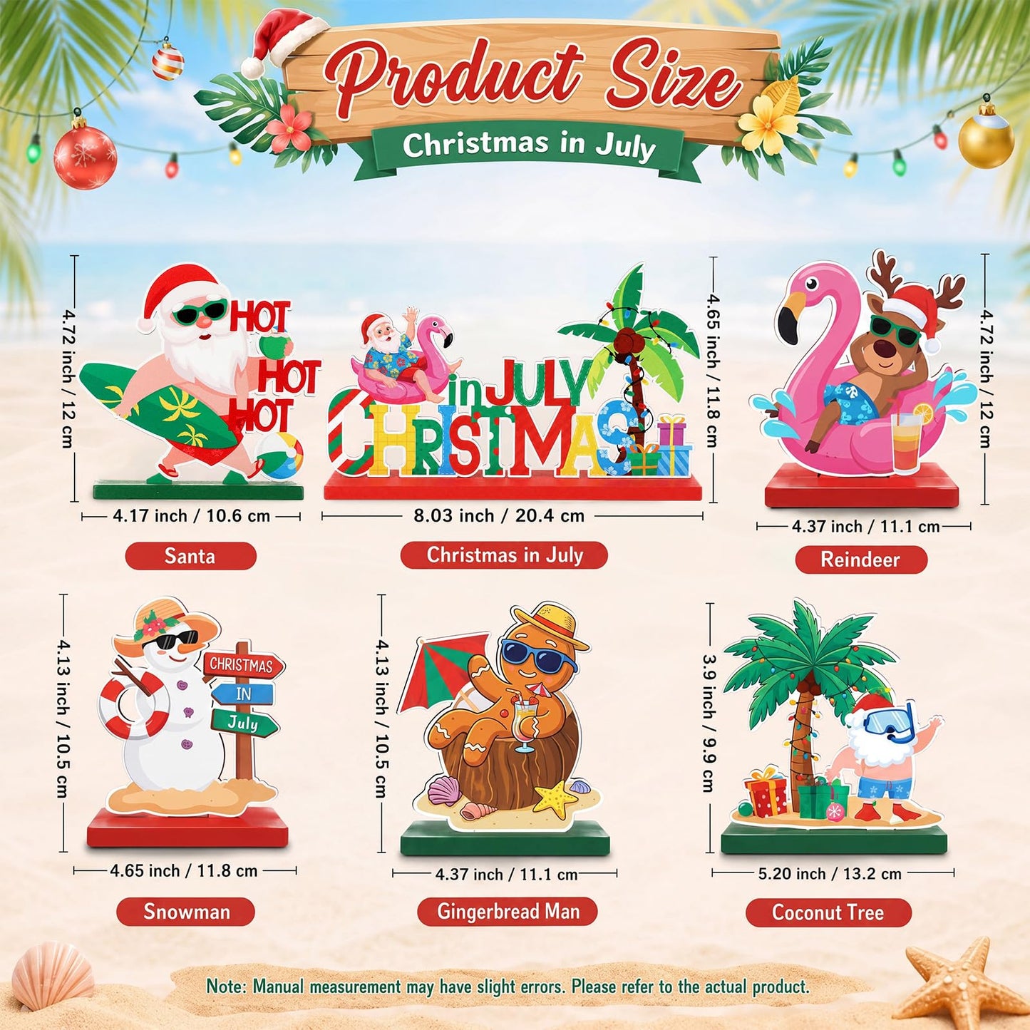Qunclay 6 Pcs Christmas in July Table Decor - Wooden Snowman Santa Gingerbread Man Elk Table Signs for Summer Christmas in July Party Decorations Supplies