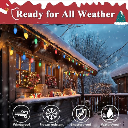 C9 Christmas Lights Outdoor Multicolor, 100FT 100LED string Lights Waterproof Shatterproof, Extendable C9 Xmas Lights, Indoor Outdoor Christmas String Light for House Roof Patio Garden Tree Party