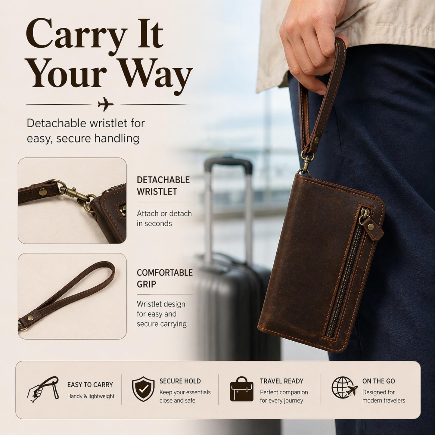 TheAntiq Brown Leather Family Passport Holder - Travel Document Organizer Wallet with Card Slots ID Window Zipper Closure for Multi Passport Storage Travel Use, 5 x 9