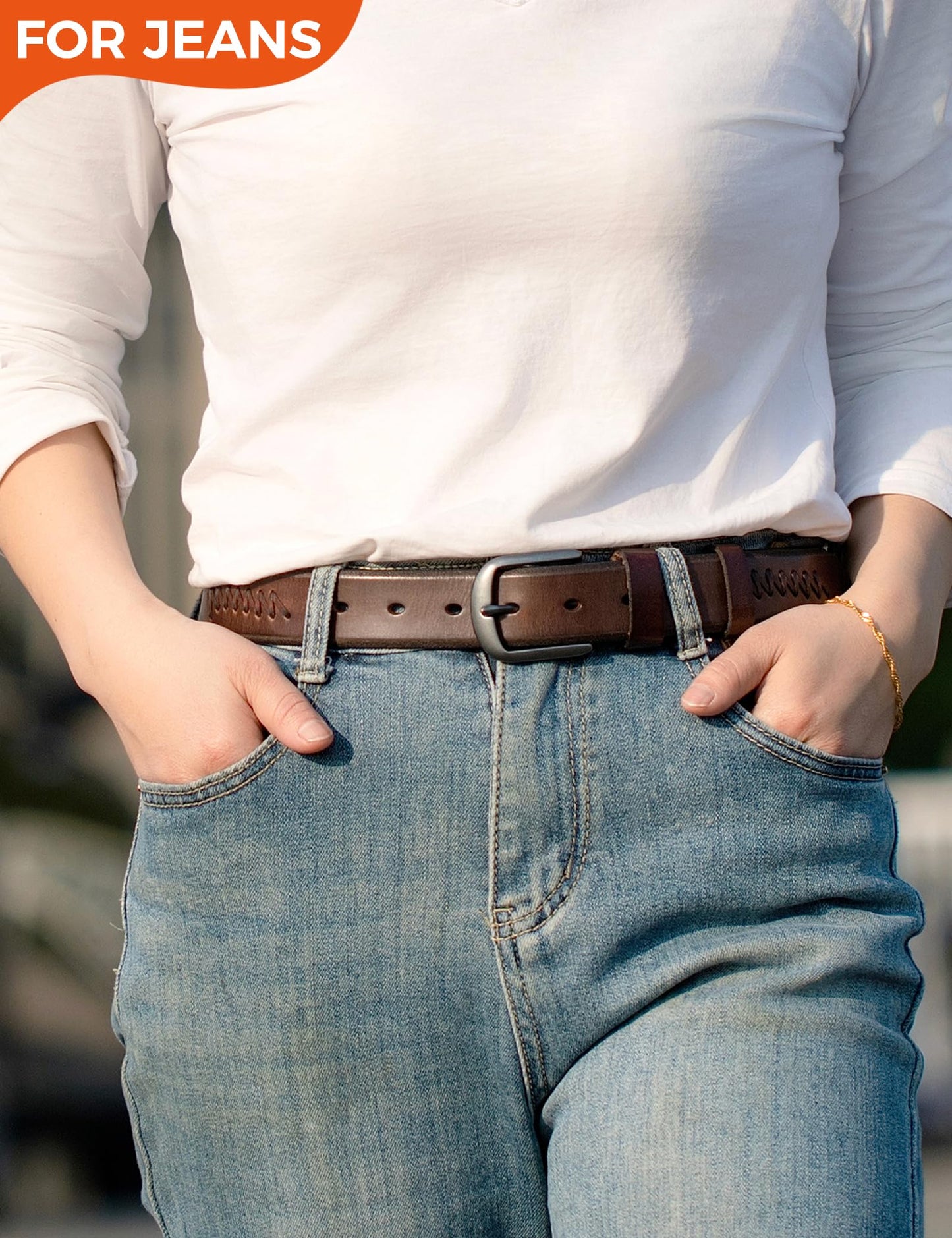 TYWestyles 1.3“ Women's Casual Leather Belt with Metal Buckle (Dark-Brown, M (Fits Waist 32-34))