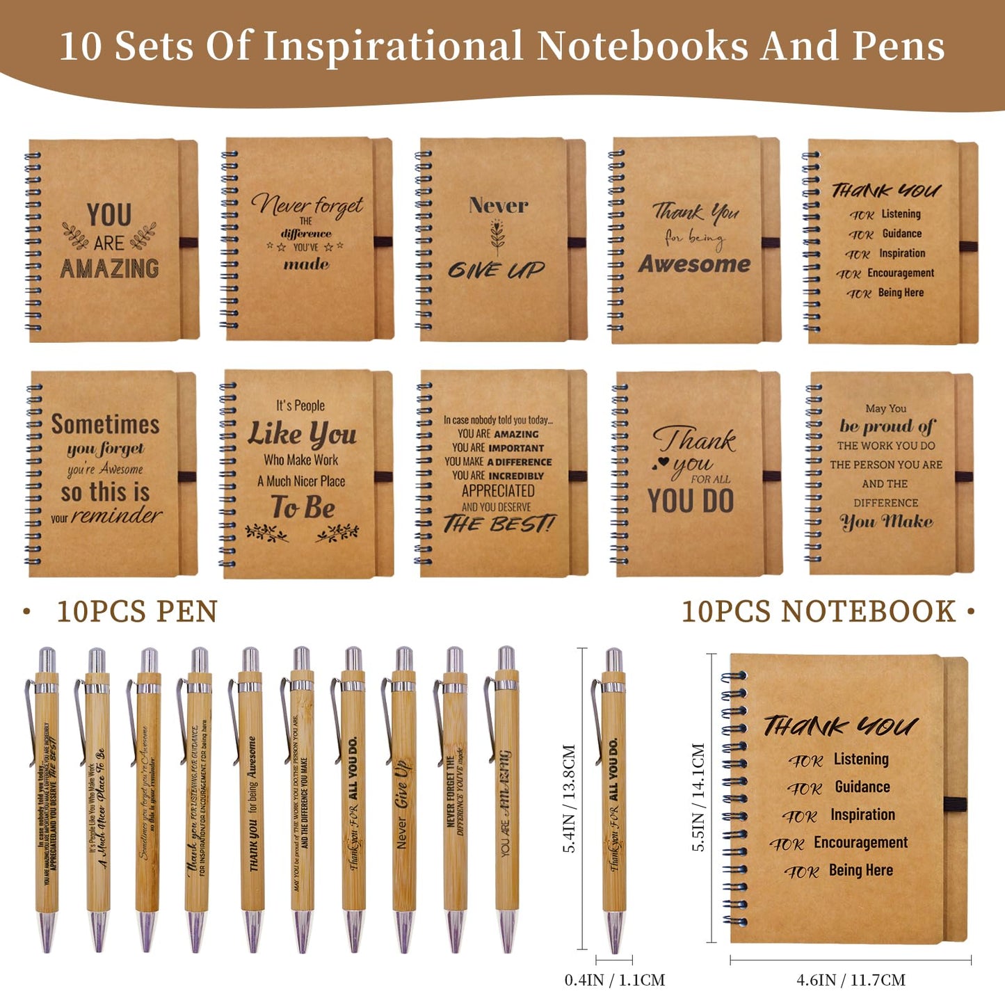 20 Pcs Employee Appreciation Gifts Bulk - 10 Sets of Inspirational Spiral Notebooks with Motivational Pens, Small Notepads for Coworkers,Office, Staff, Team, Volunteer, Nurse, Teachers, Thank You Gift