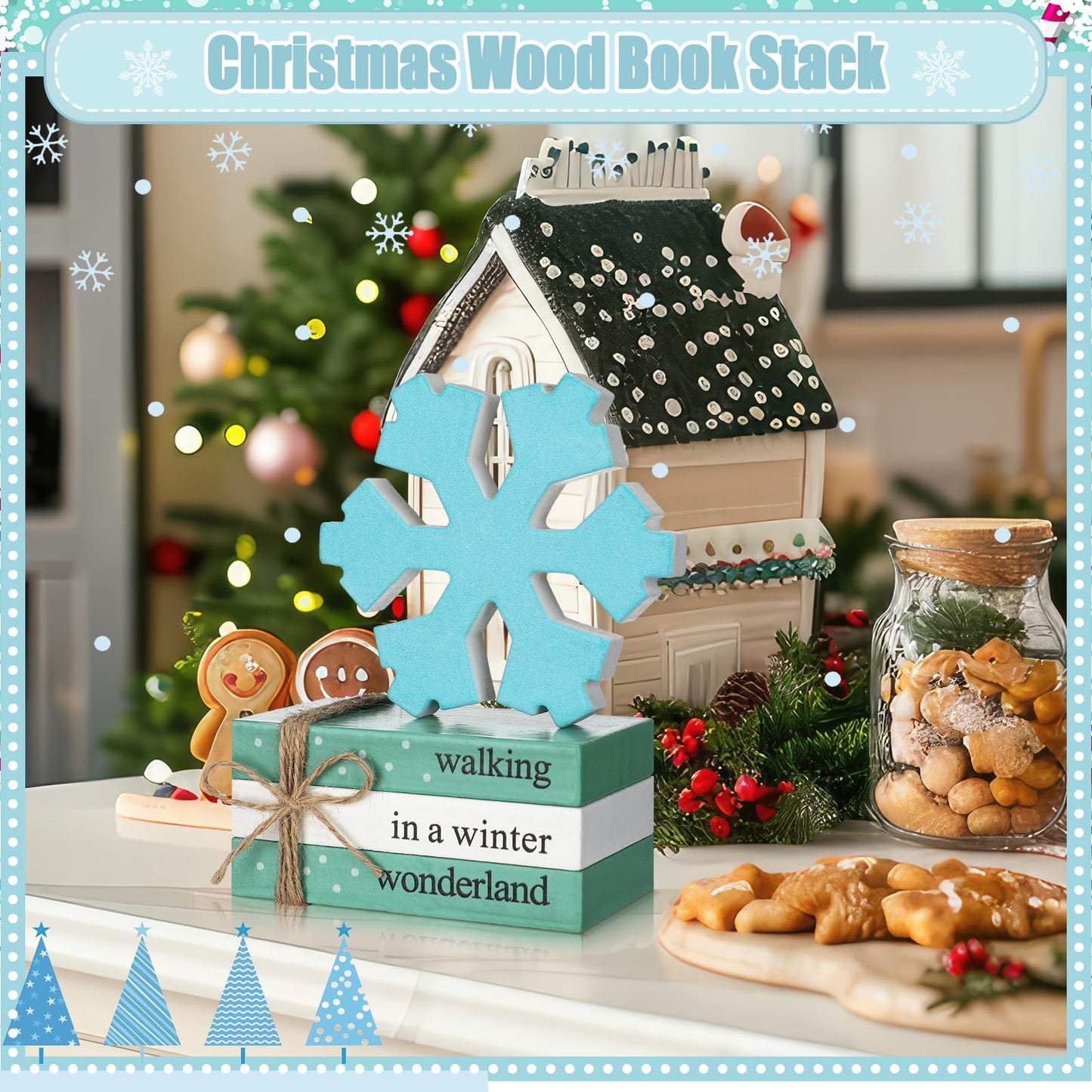 Yalikop 5 Pcs Winter Decor for Home Office Snowflake Wood Sign Blue White Snowflake Table Centerpiece Faux Books Bundle with Twine Beads String for Winter Decorations Wonderland Tiered Tray Decor