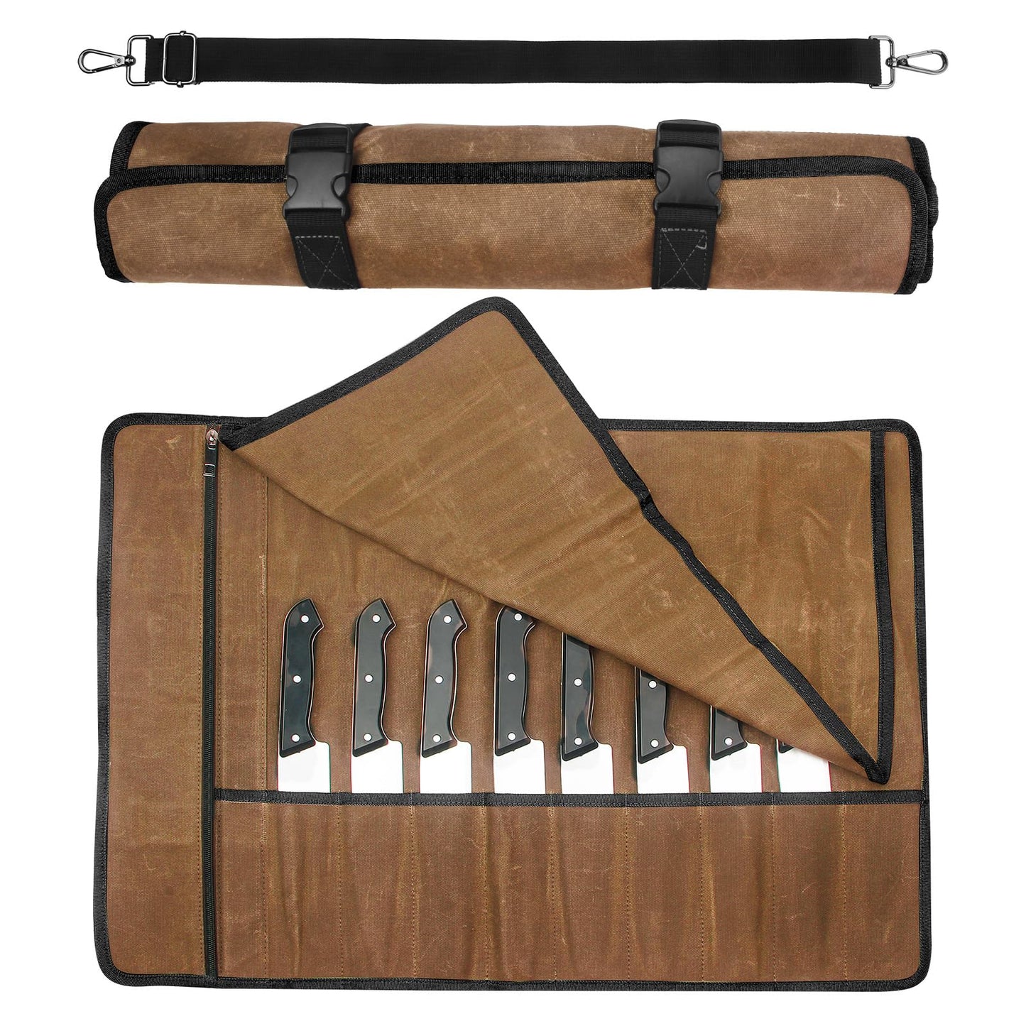 Chef Knife Roll Bag,Waxed Canvas Knife Travel Case,Heavy Duty Professional Knife Carrier Storage Holder with 10 Slots,Portable Kitchen Culinary Tool Organizer for Men,Fits up to 18.8” Knives.Khaki