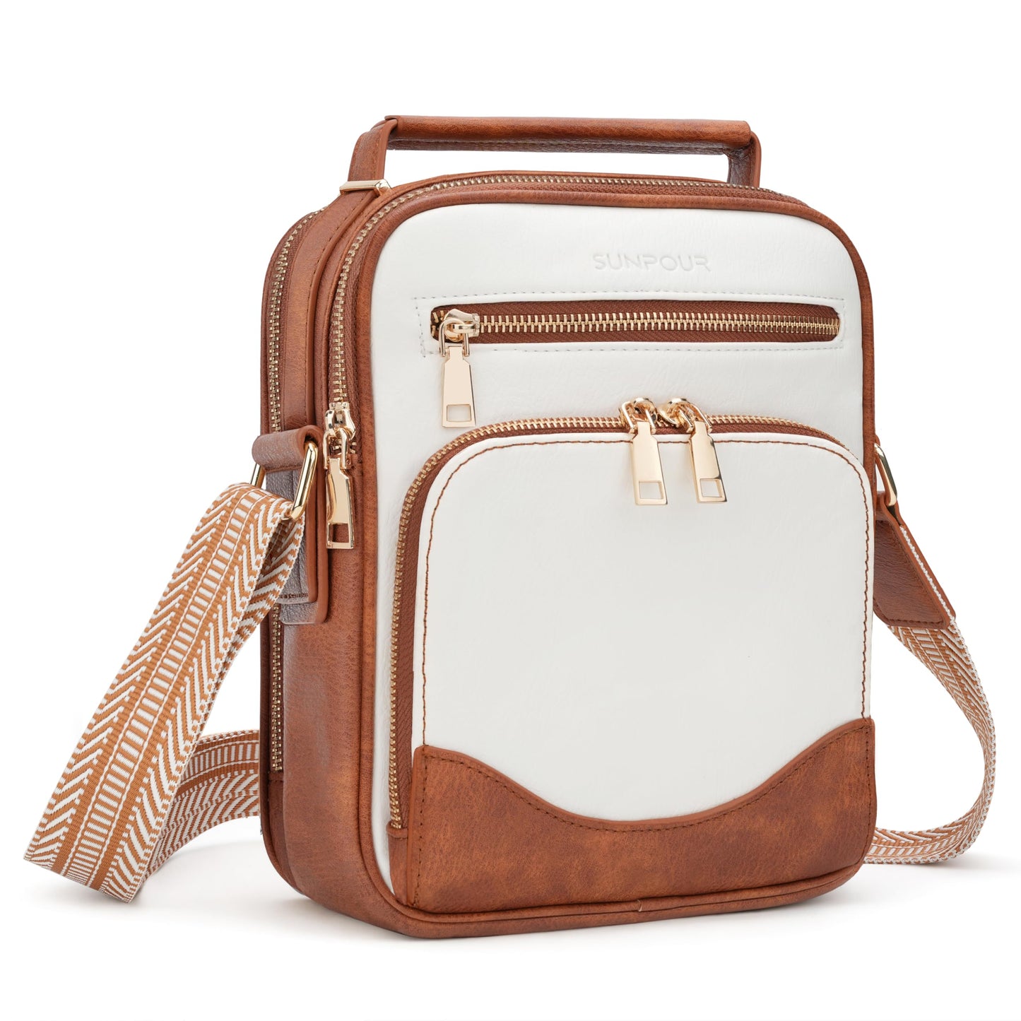 Sunpour Womens Crossbody Purse, Vegan Leather Crossbody Bag RFID Built-in Wallet Handbag Shoulder Bag for Travel (Beige&Brown)