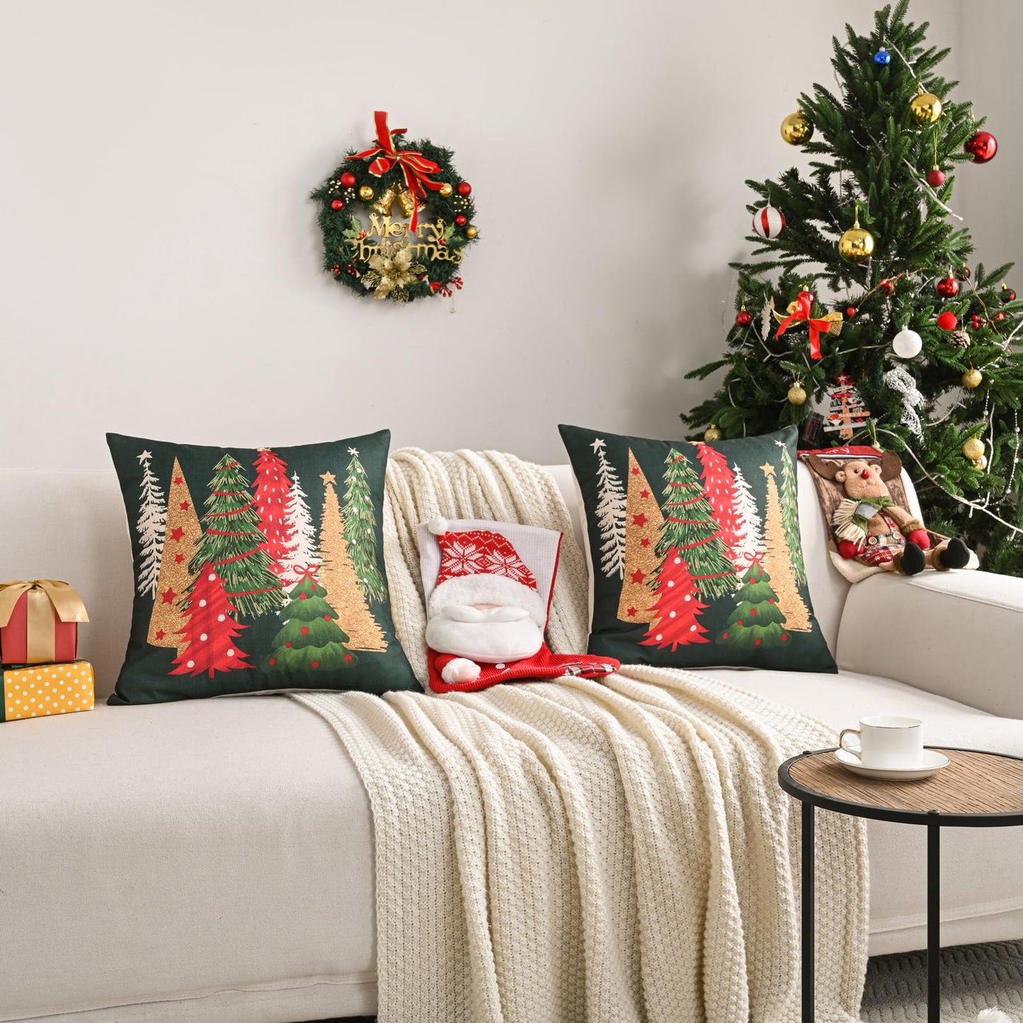 FUTEI Decorative Christmas Tree Pillow Covers 18x18 Inch Set of 2,Christmas Green Linen Cushion Cases, Winter Christmas Throw Pillows for Sofa Couch Bed Living Room